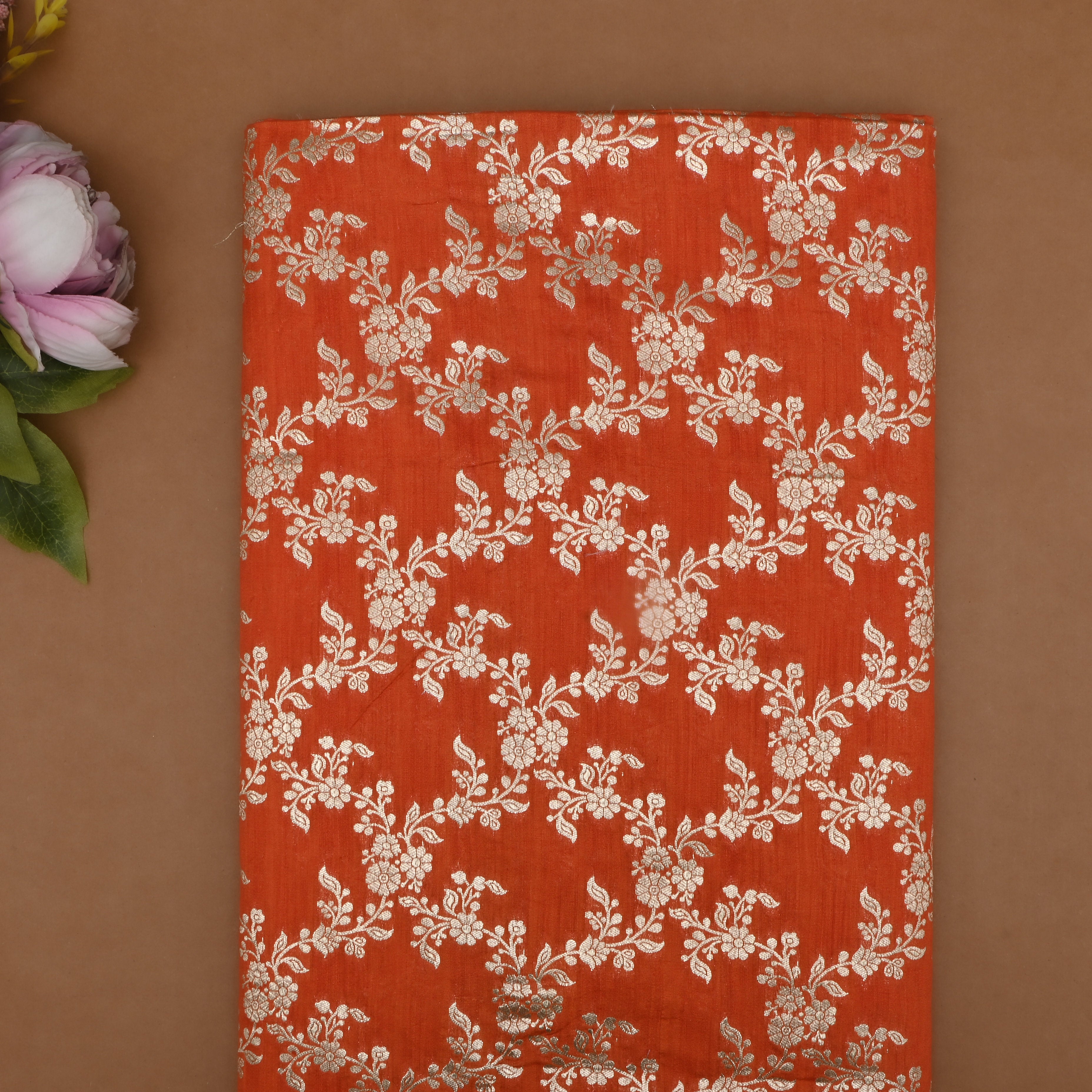 Sunset Orange Jamawar Silk Fabric With Floral Jaal
