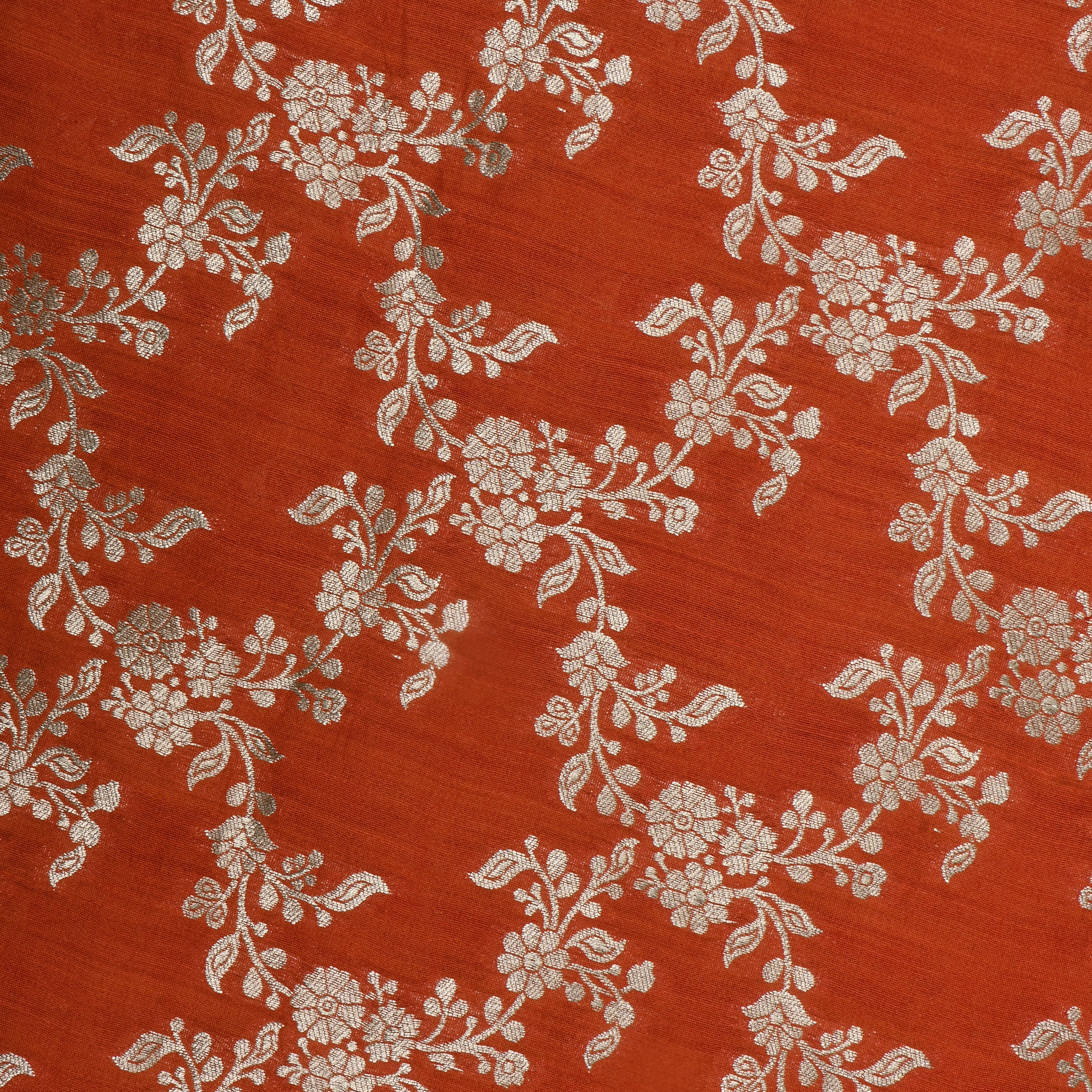 Sunset Orange Jamawar Silk Fabric With Floral Jaal