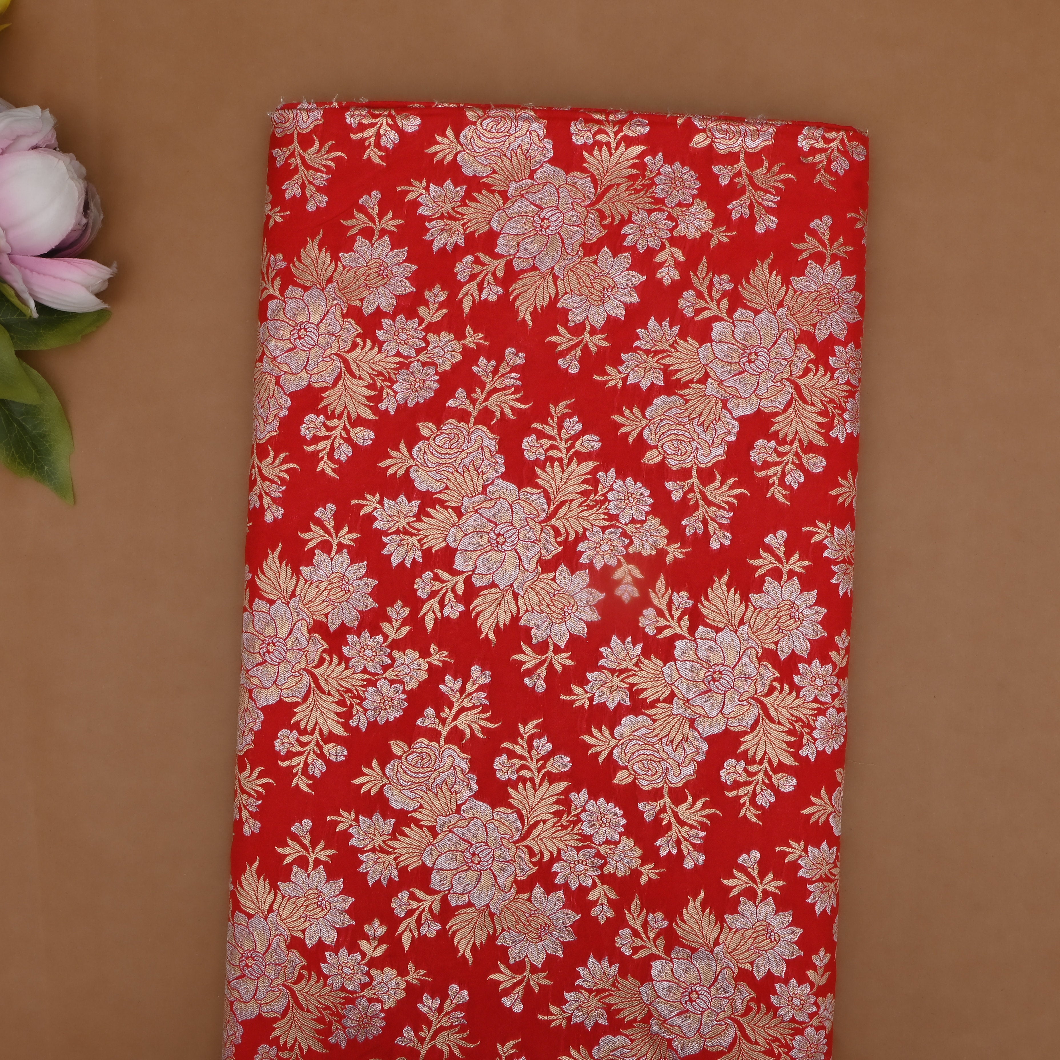 Red Jamawar Silk Fabric With Floral Jaal