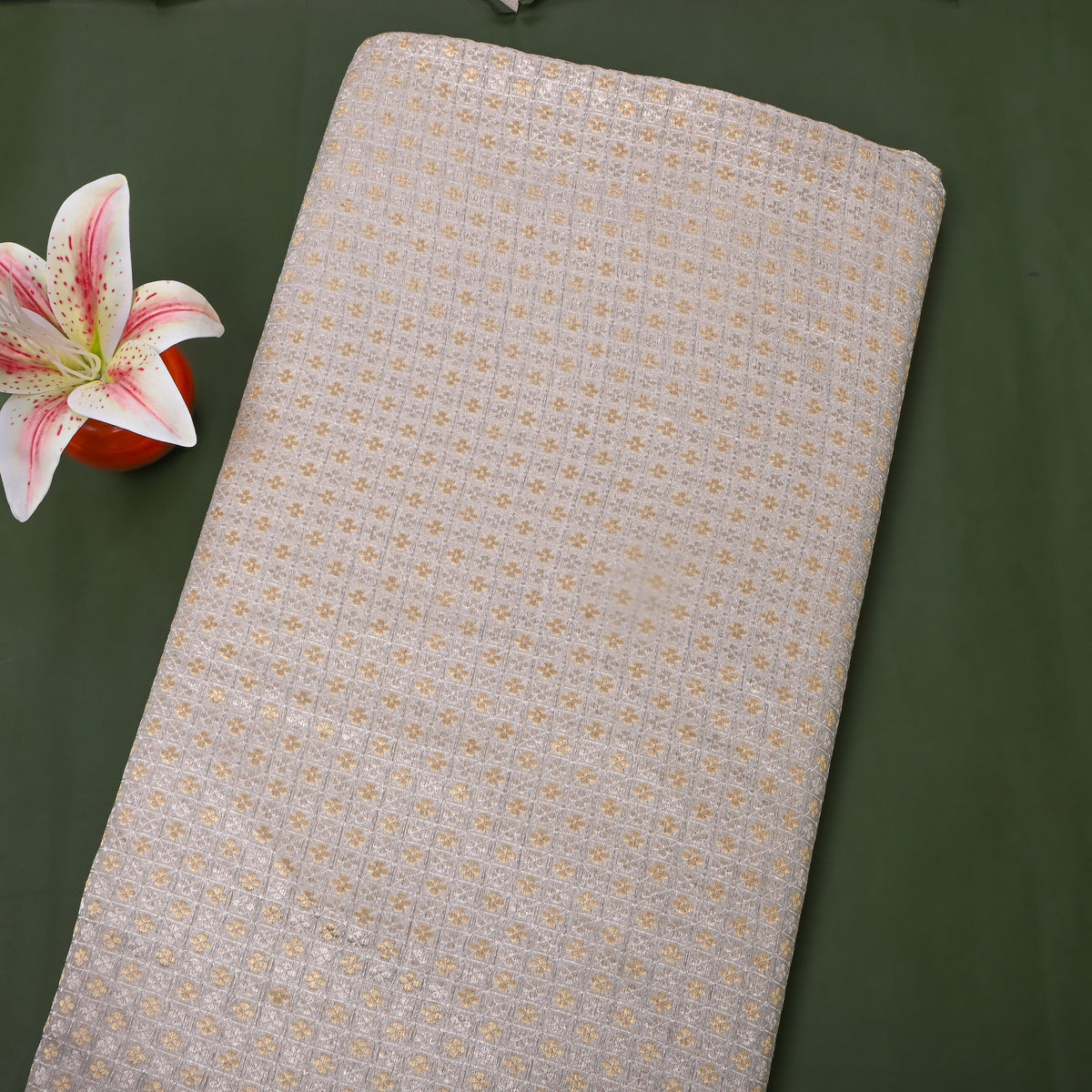 Ash Silver Dual Tone Zari Butti Checks Jamawar Silk Fabric