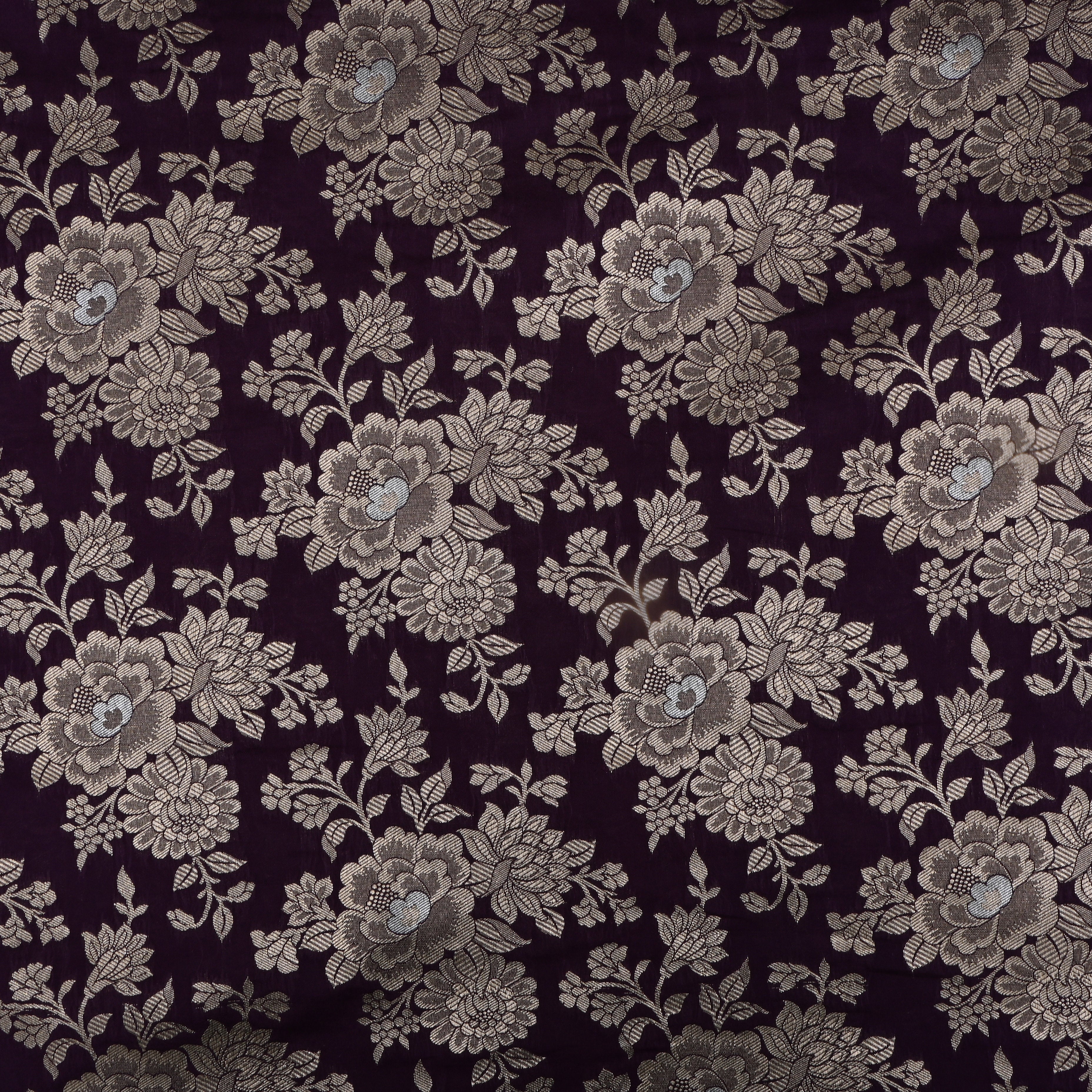 Dark Purple Jamawar Silk Fabric With Huge Floral Jaal