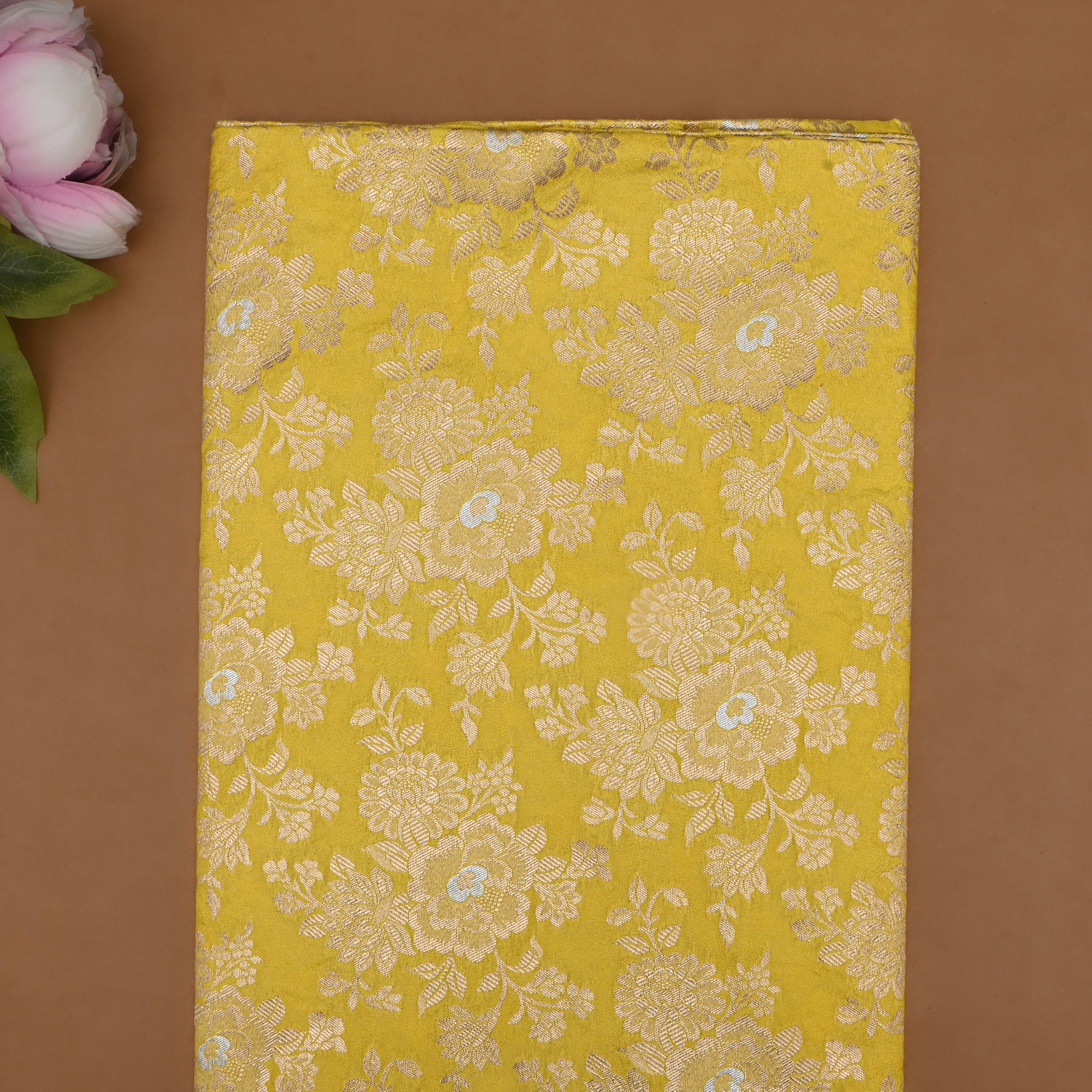Corn Yellow Jamawar Silk Fabric With Floral Jaal