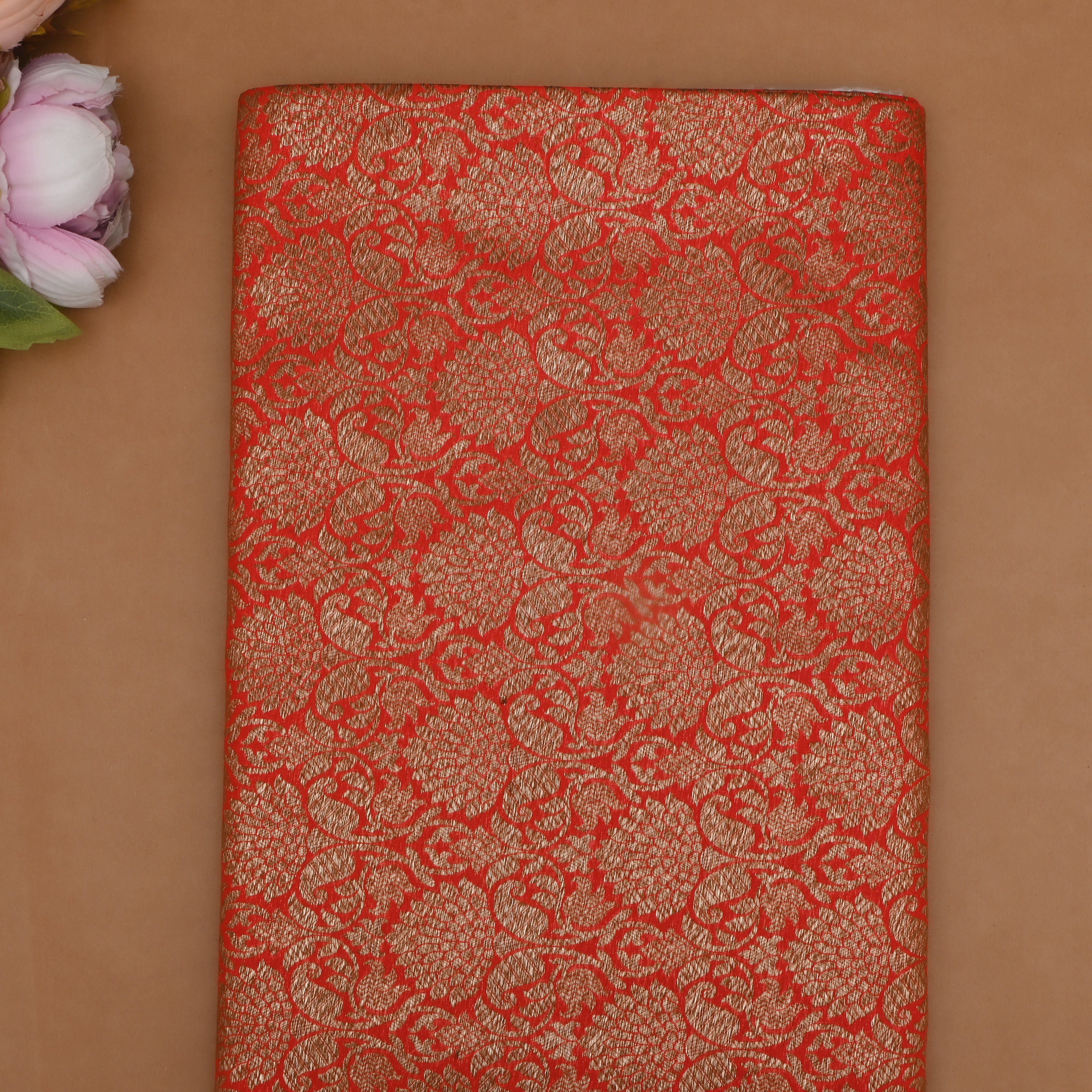 Orangish Red Jamawar Silk Fabric With Floral Jaal Weaving