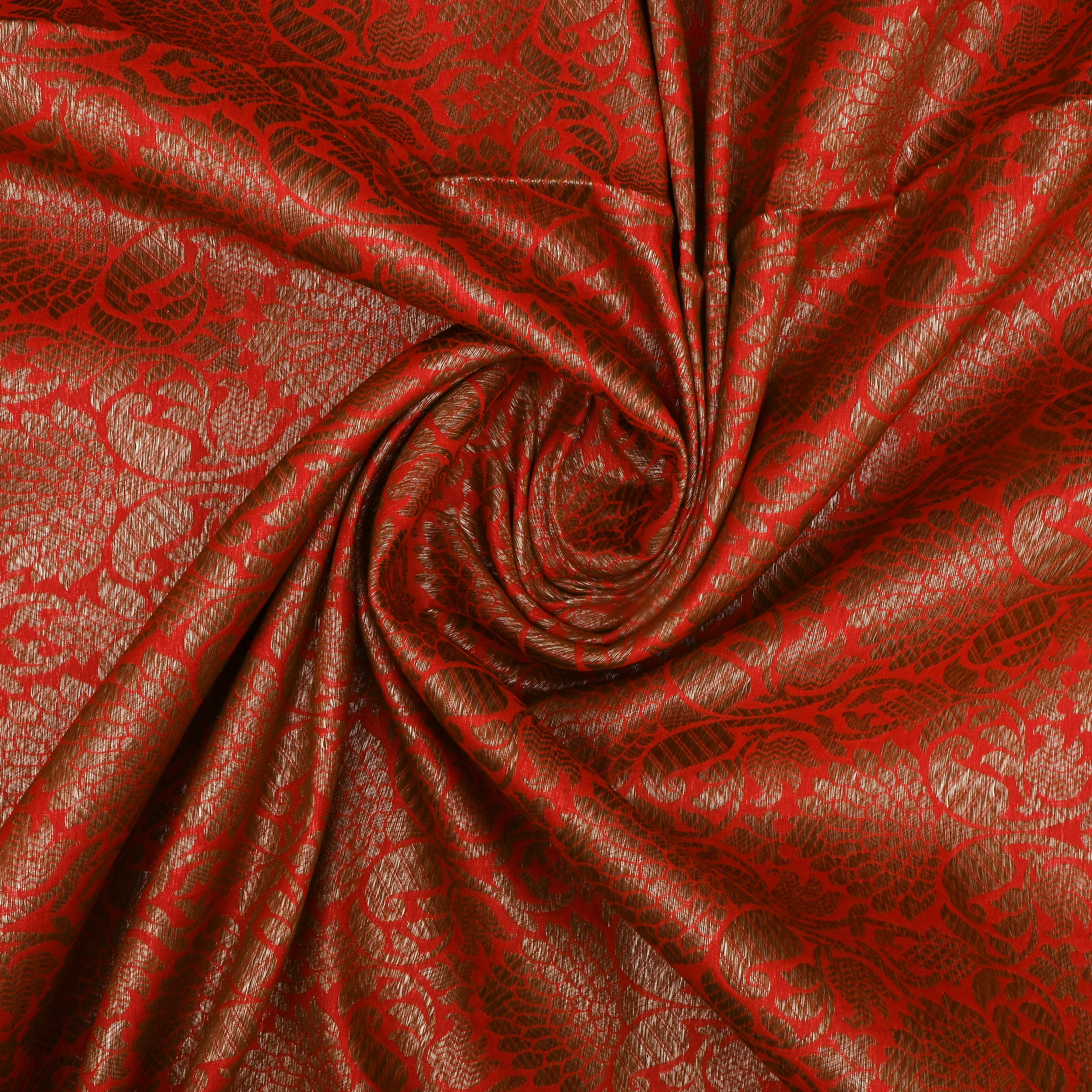 Orangish Red Jamawar Silk Fabric With Floral Jaal Weaving