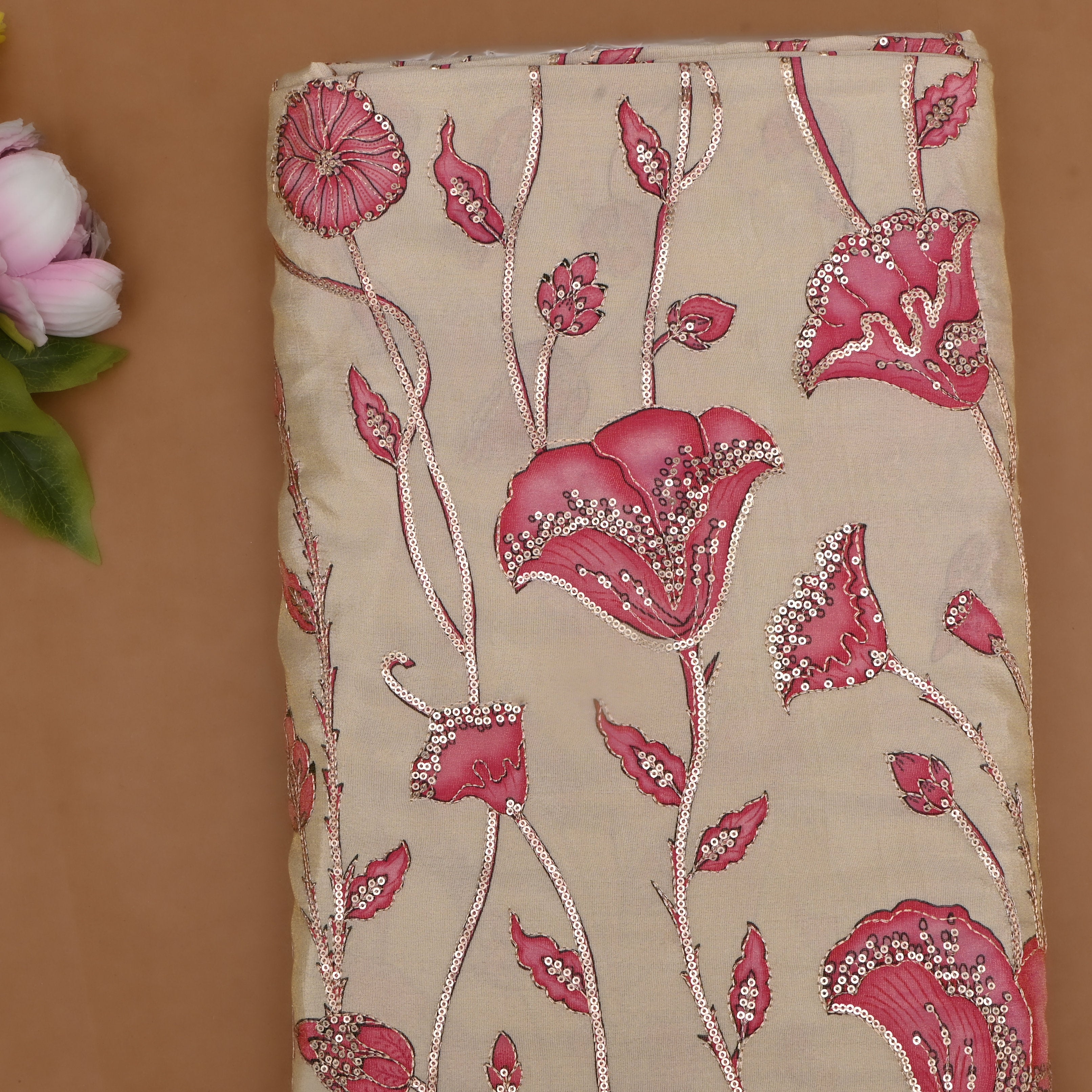 Vanilla Gold Tissue Fabric With Printed Embroidery