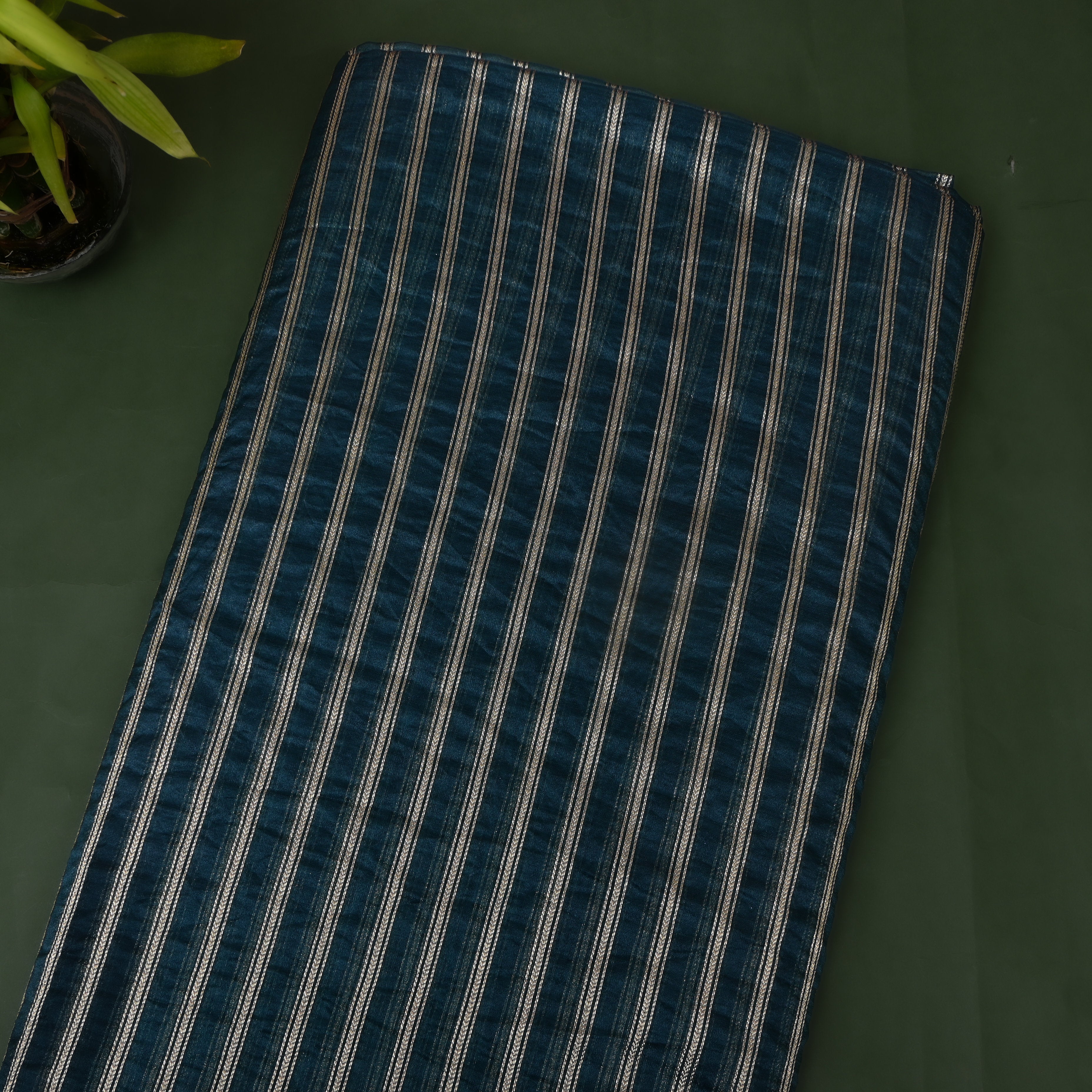 Peacock Blue Zari Stripe Banarasi Silk