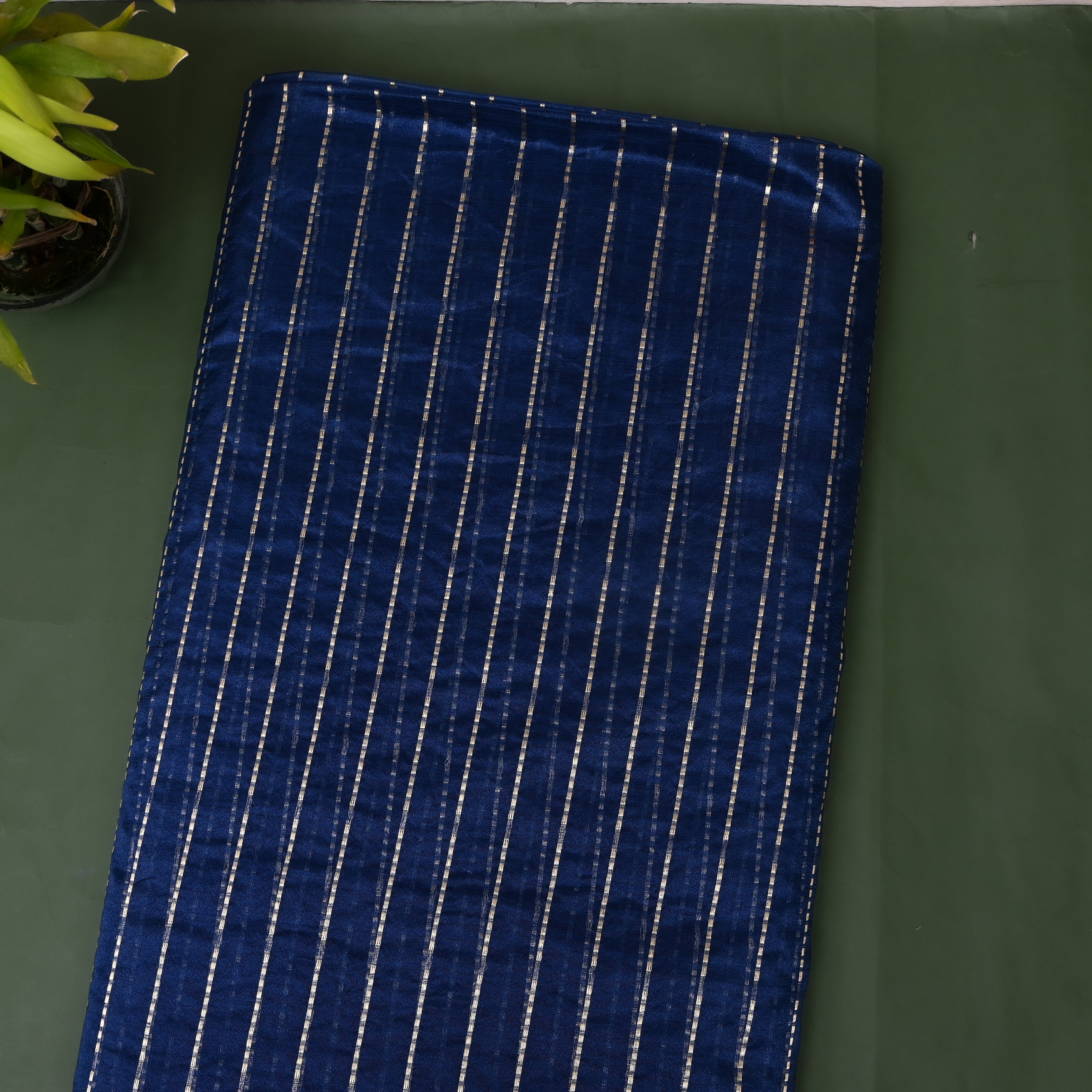 Navy Blue Dashed Zari Stripe Banarasi Silk