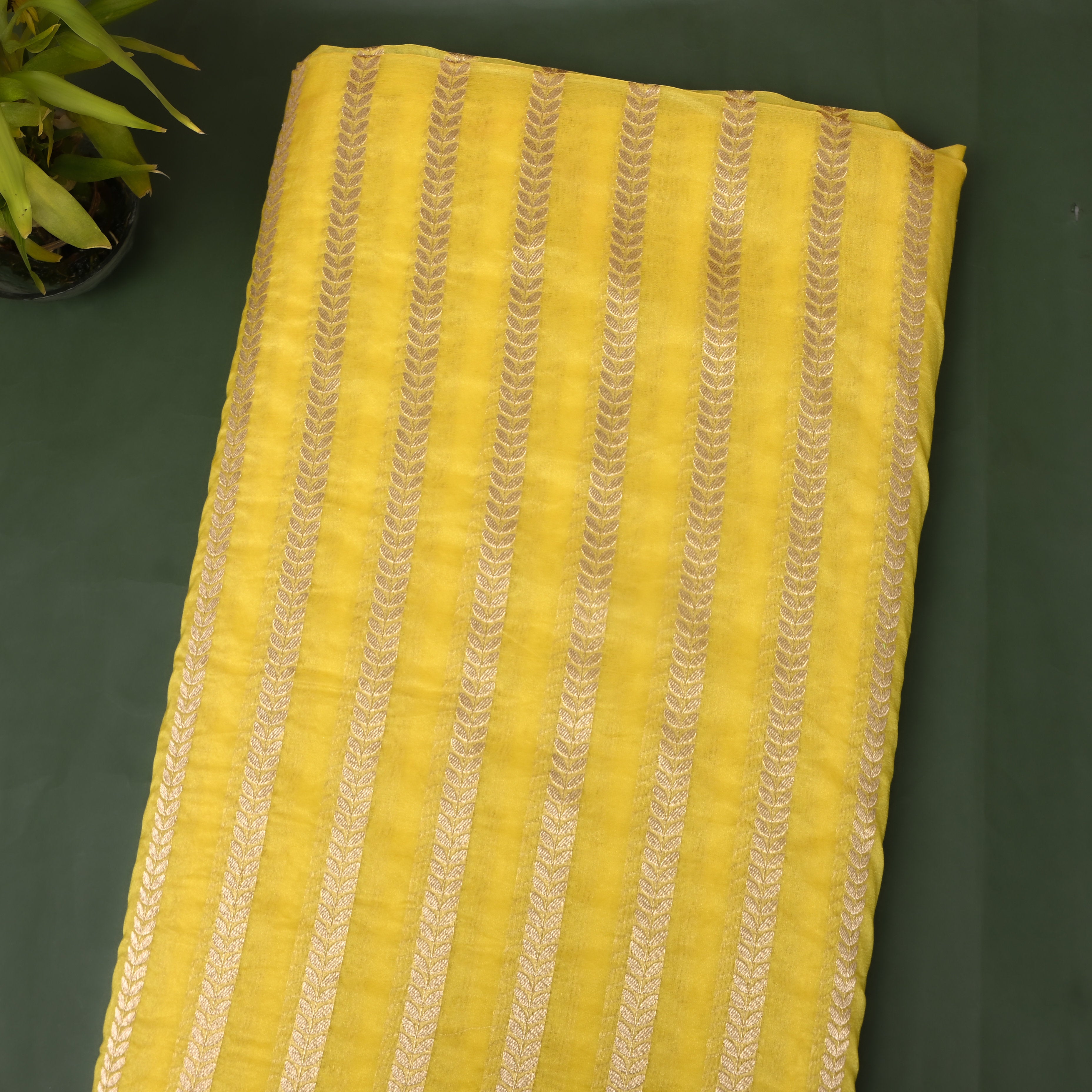 Bright Yellow Leaf Stripe Banarasi Silk