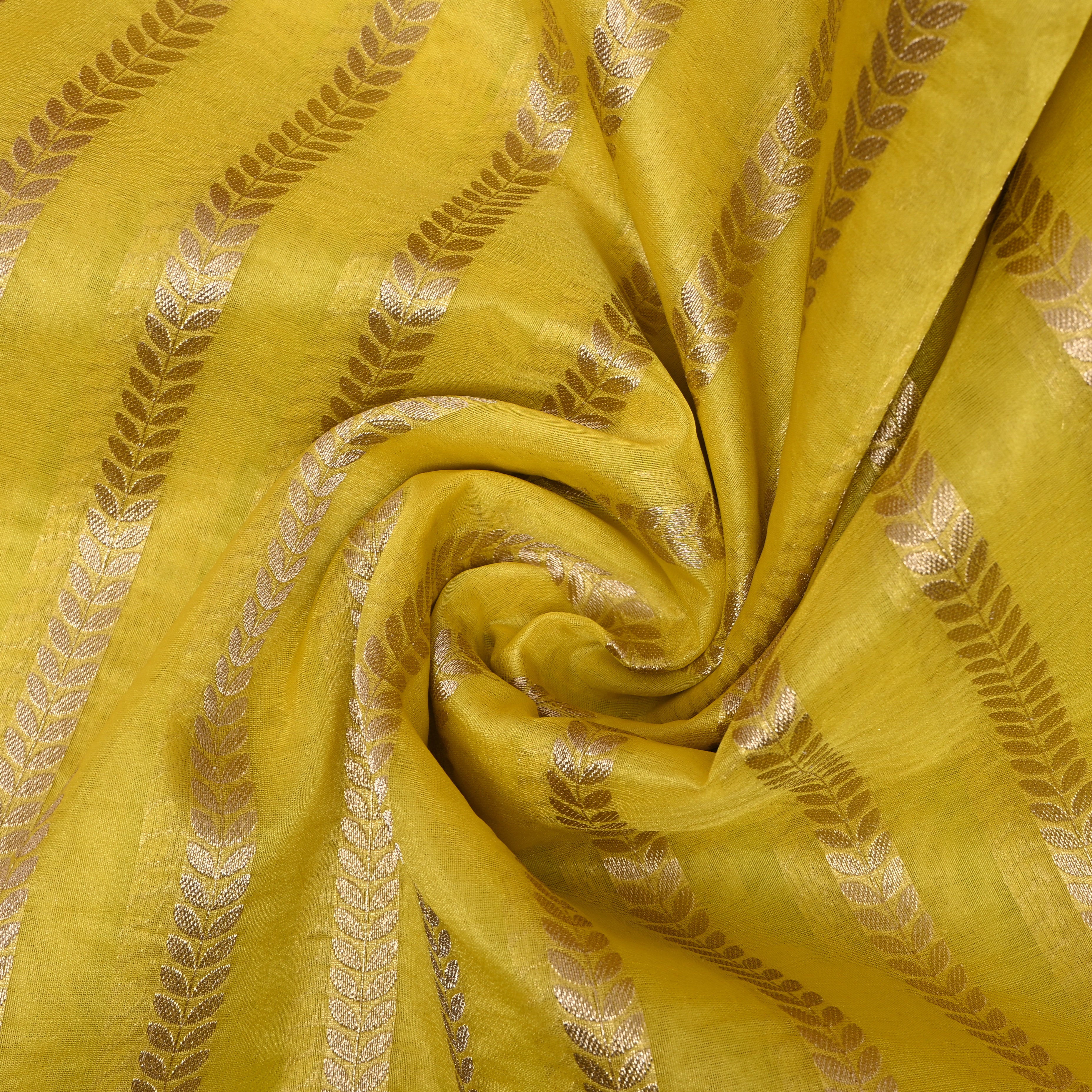 Bright Yellow Leaf Stripe Banarasi Silk