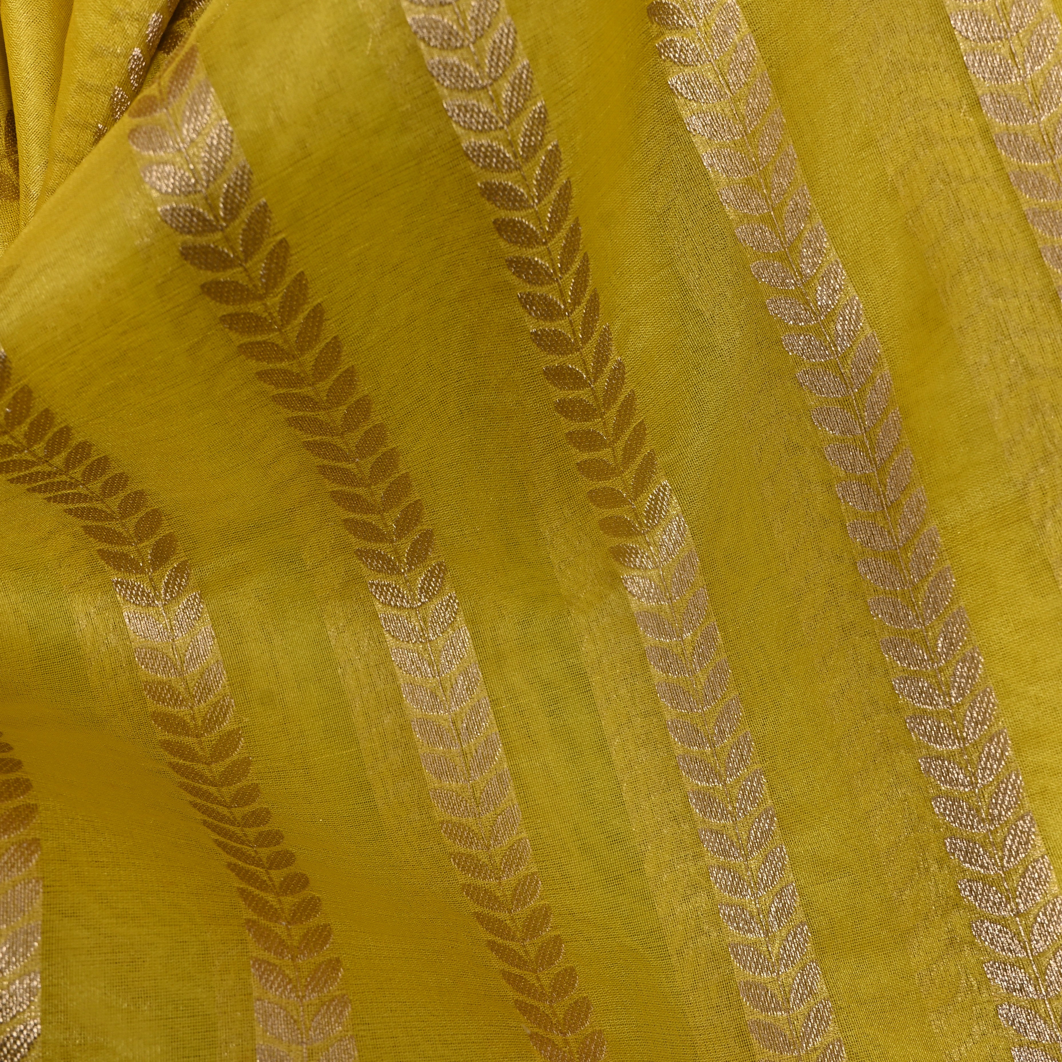 Bright Yellow Leaf Stripe Banarasi Silk