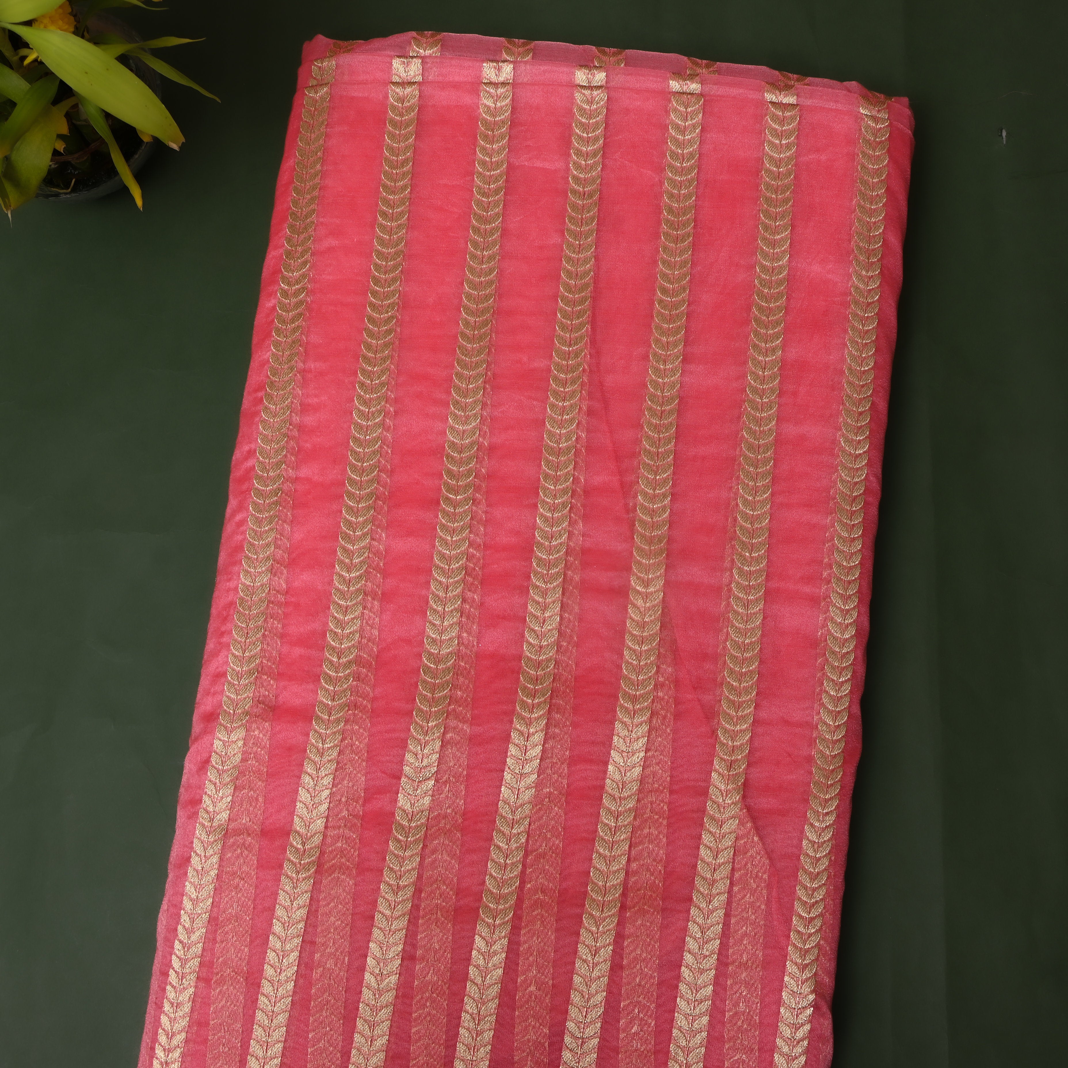Coral Pink Leaf Stripe Banarasi Silk