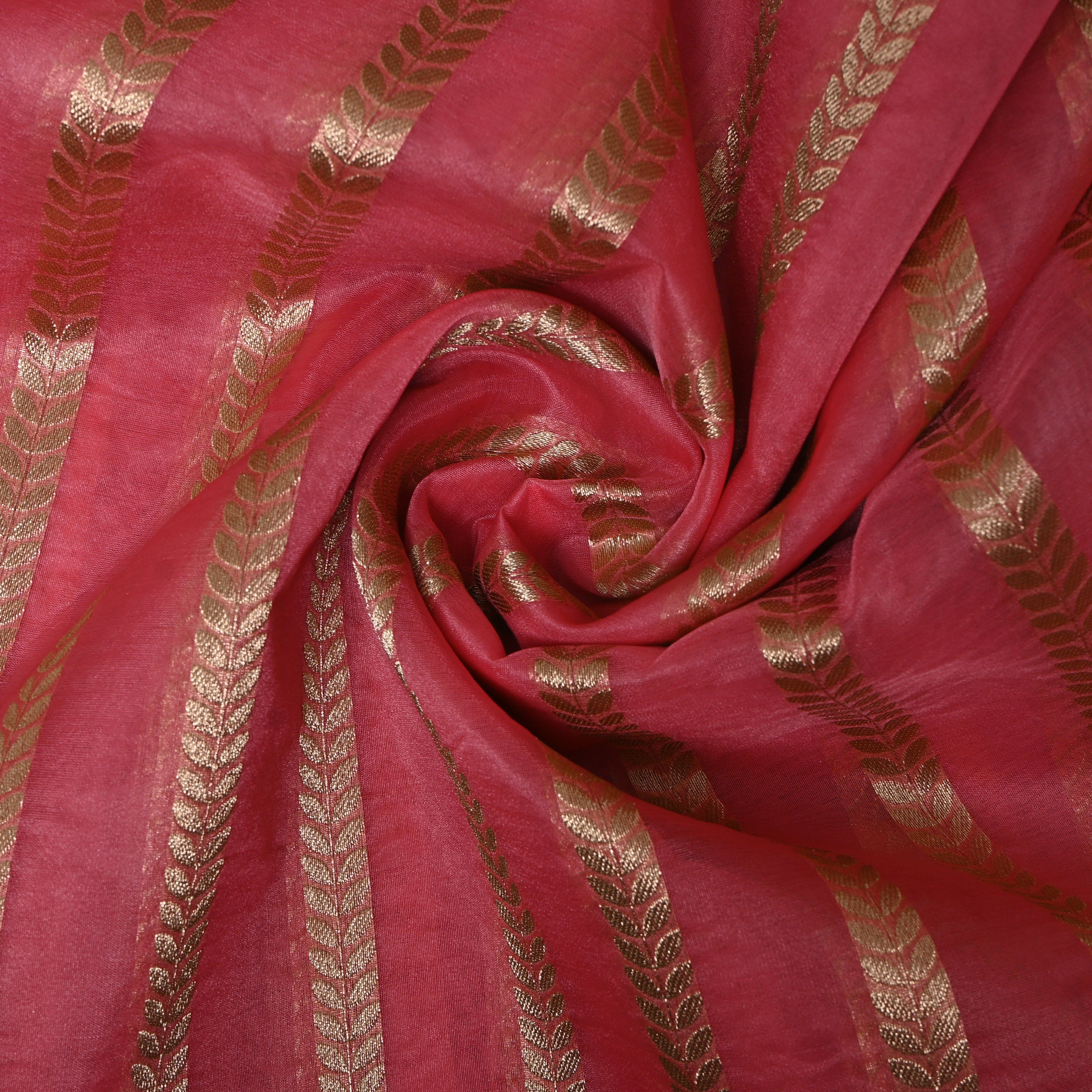 Coral Pink Leaf Stripe Banarasi Silk