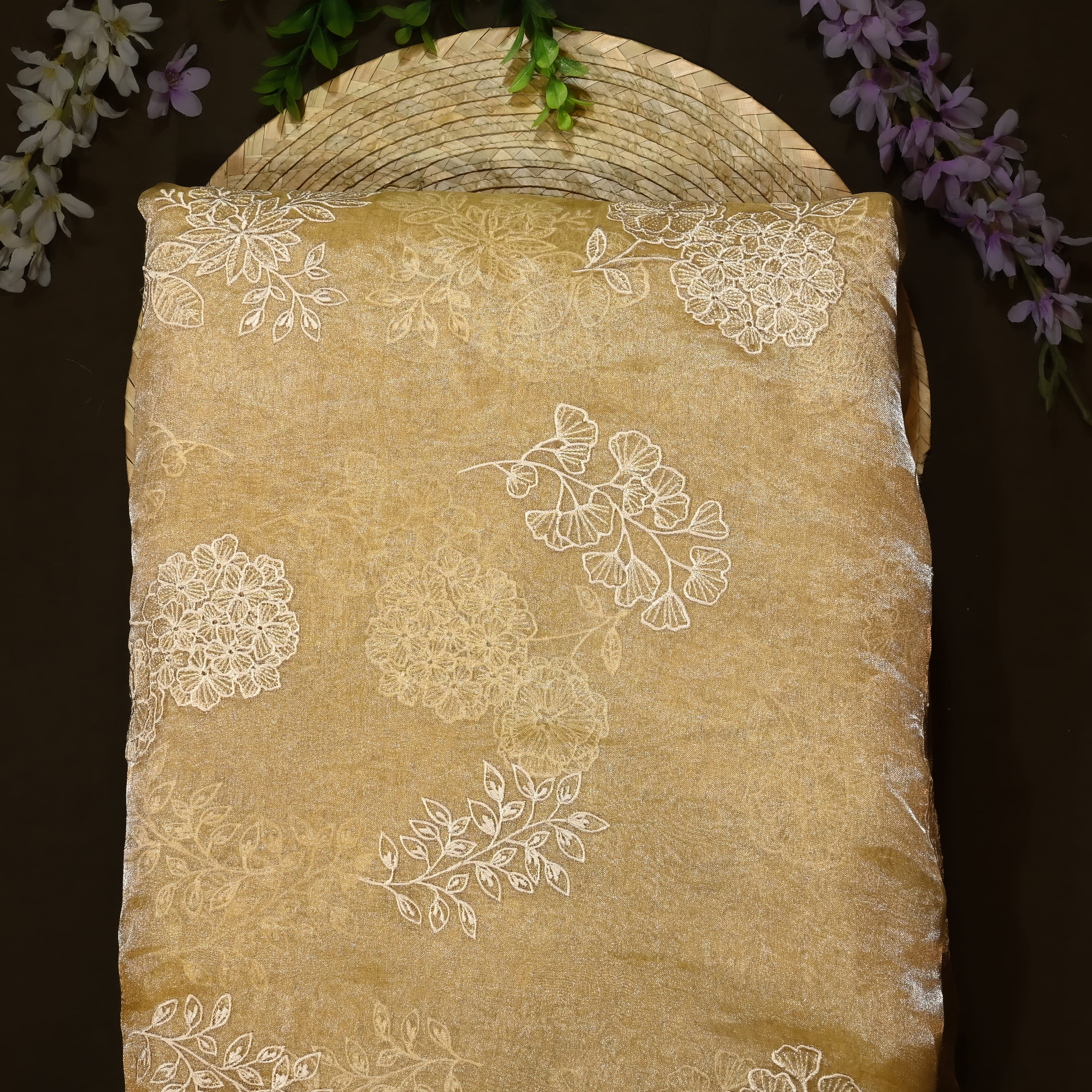 Macaron Yellow Organza Fabric With Embroidery