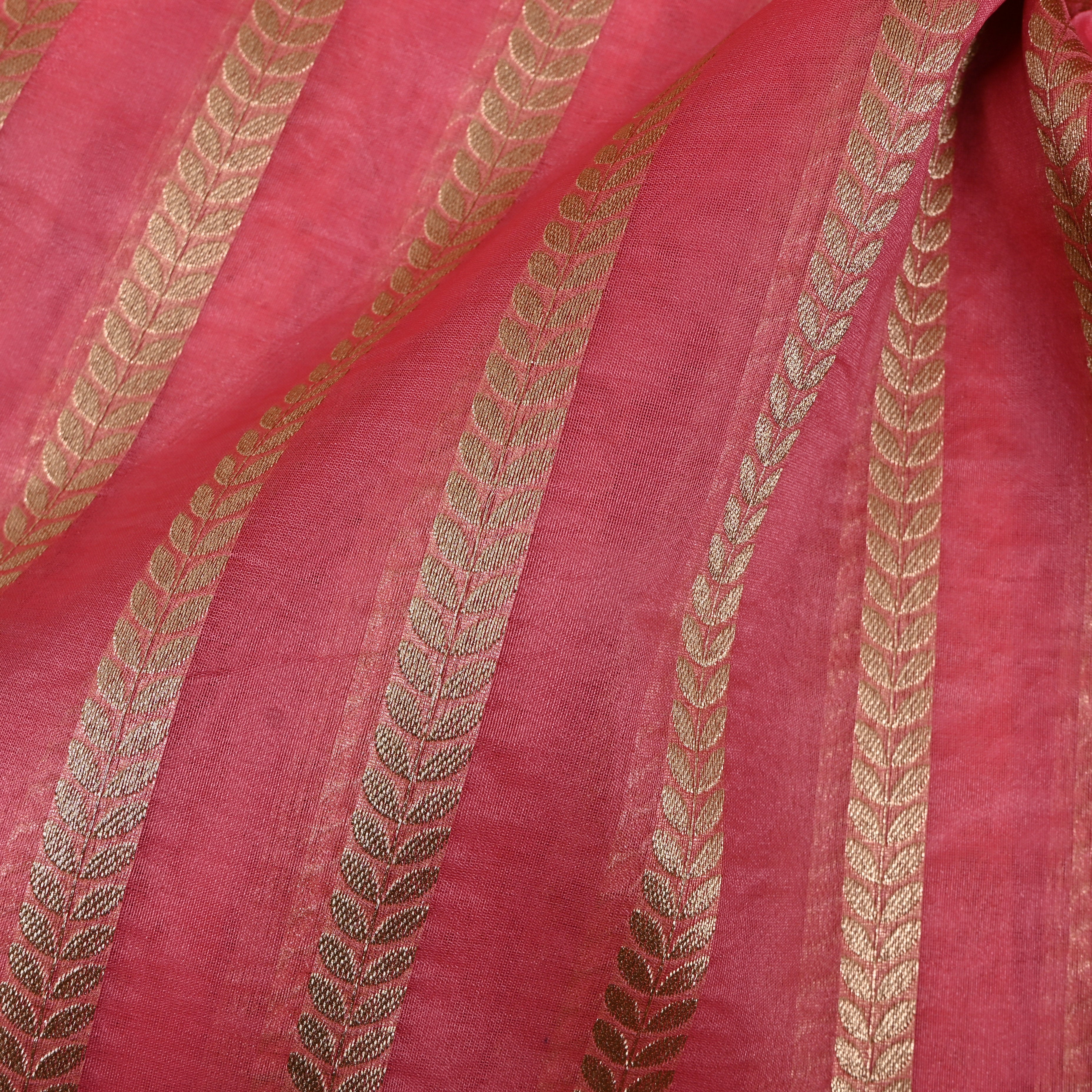 Coral Pink Leaf Stripe Banarasi Silk