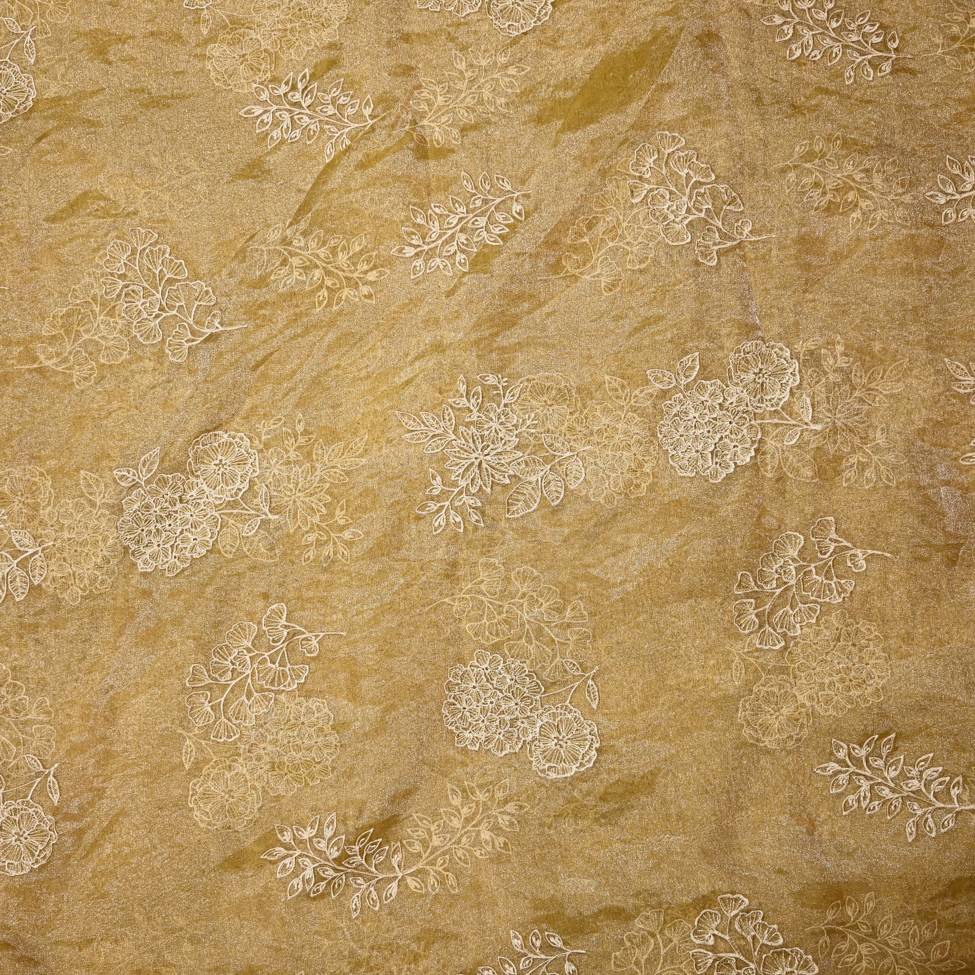 Macorron Yellow Organza Fabric With Embroidery