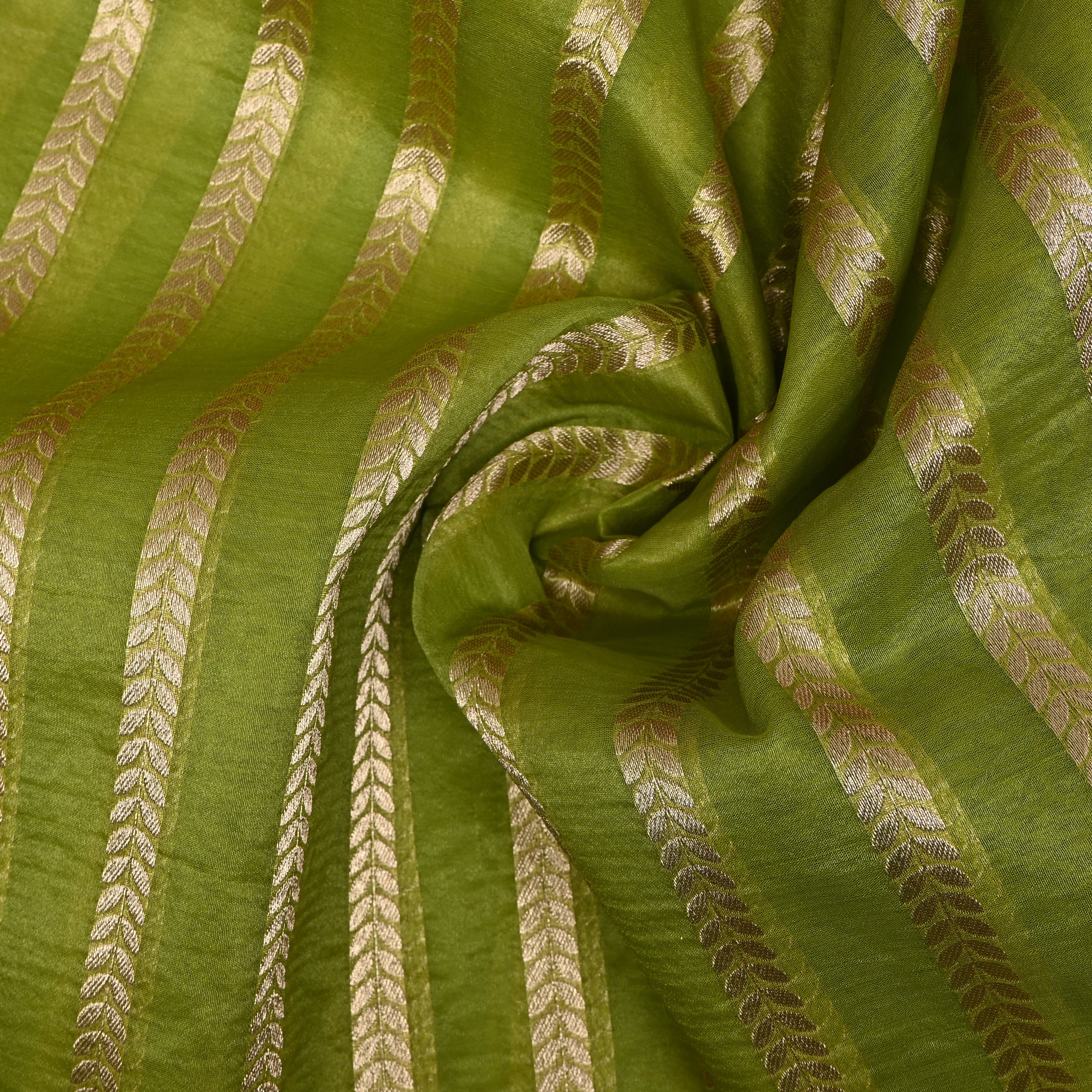 Olive Green Leaf Stripe Banarasi Silk