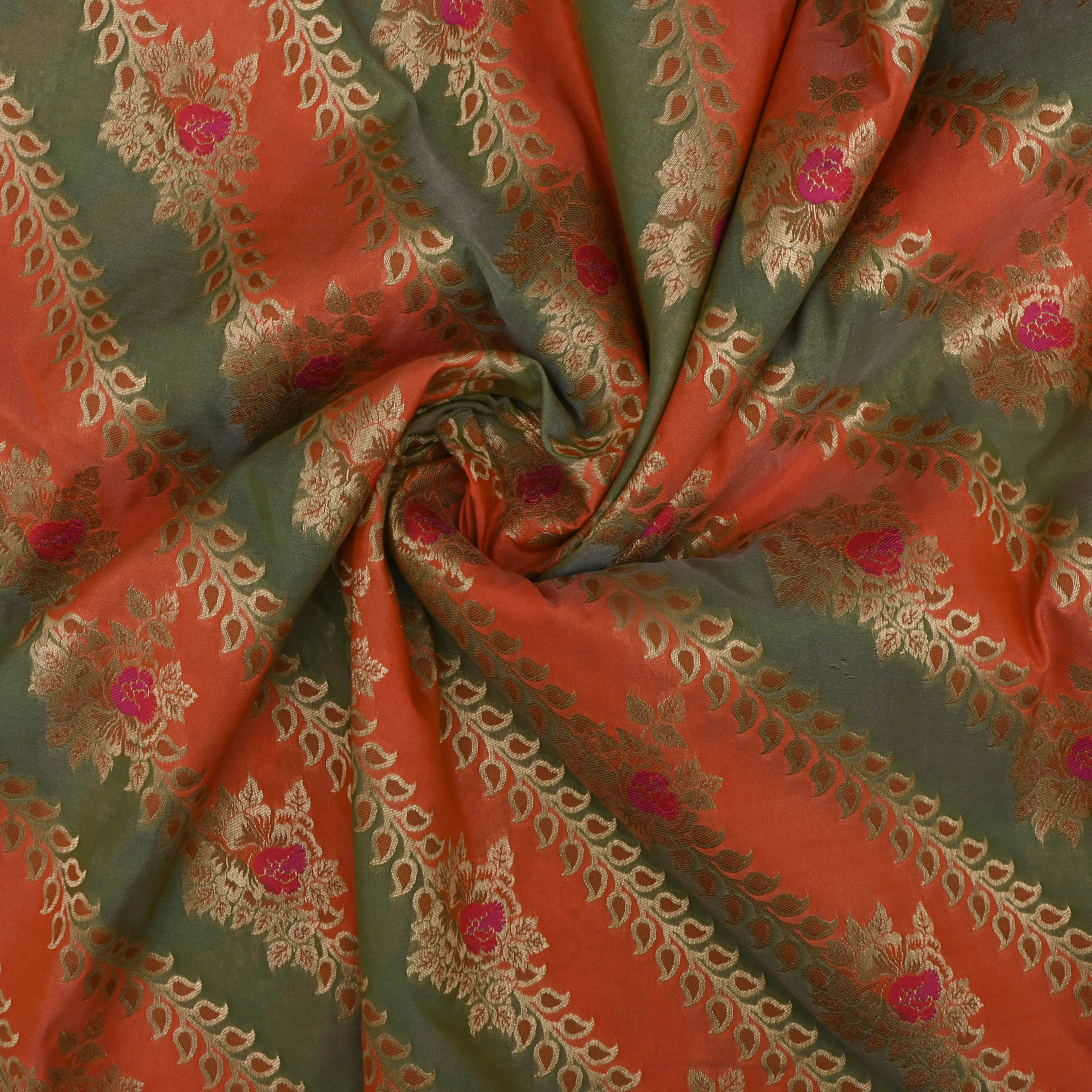 Pastel Green And Peach Jamawar Silk Fabric With Leheriya Pattern