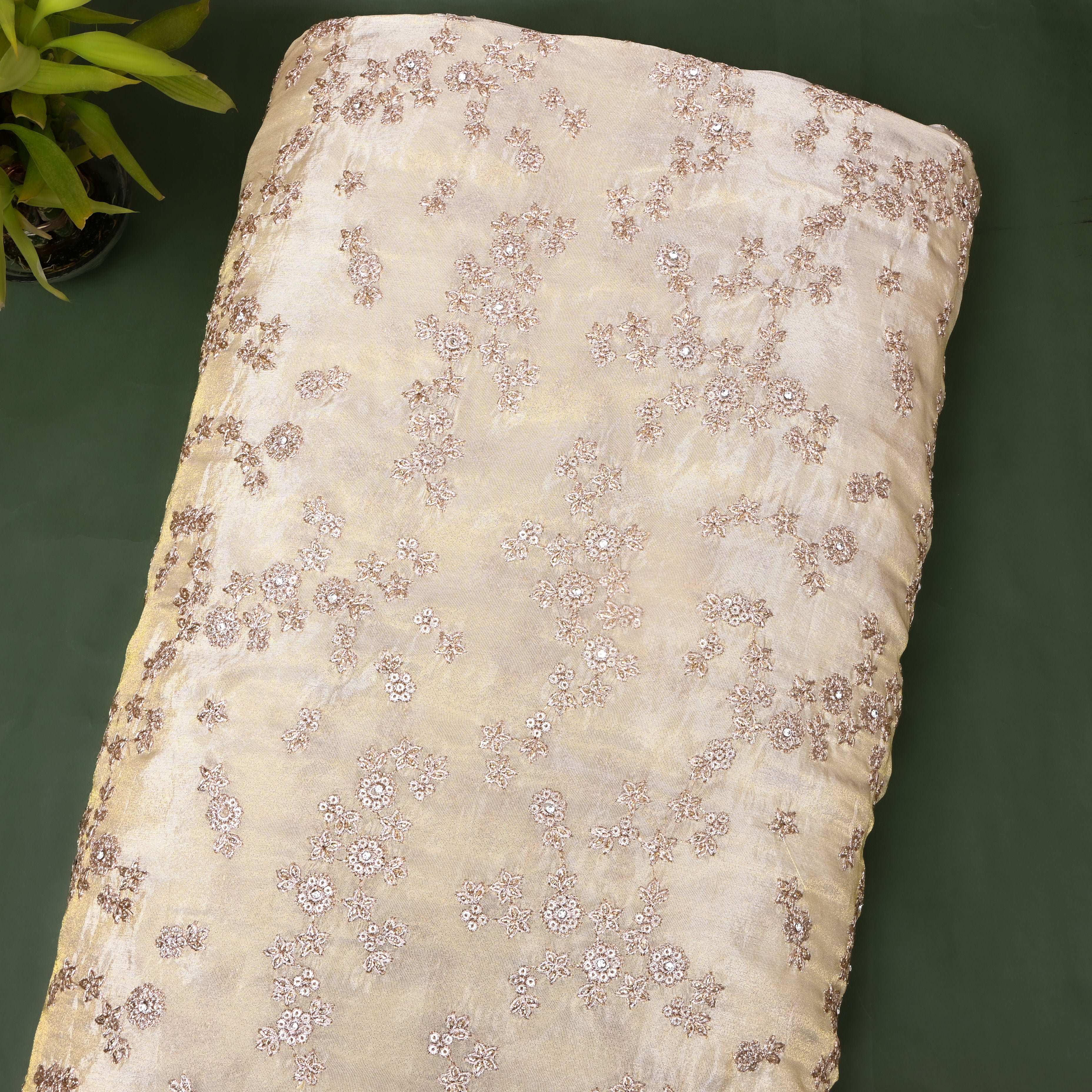 Champagne Beige Crystal Floral Embroidered Silk