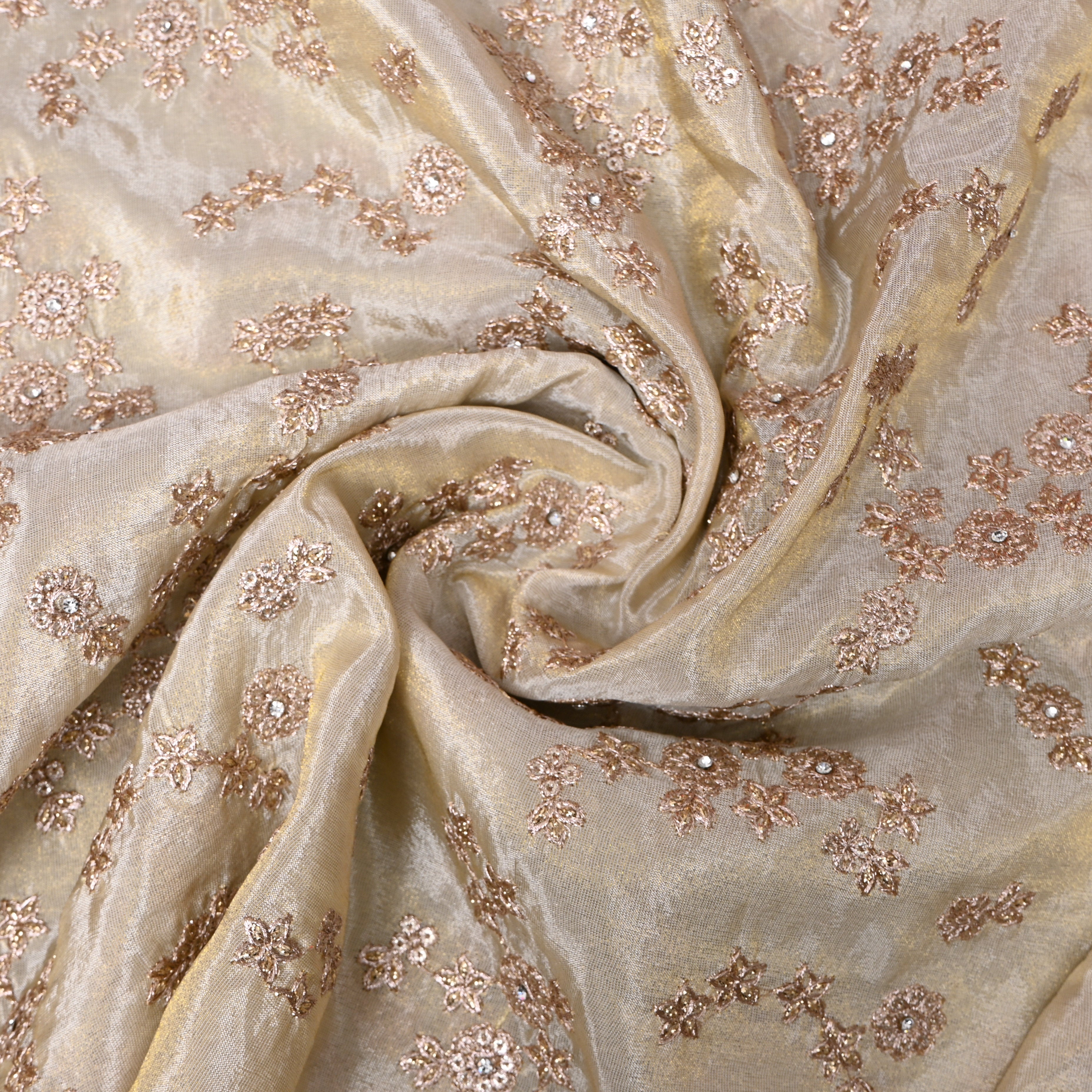 Champagne Beige Crystal Floral Embroidered Silk