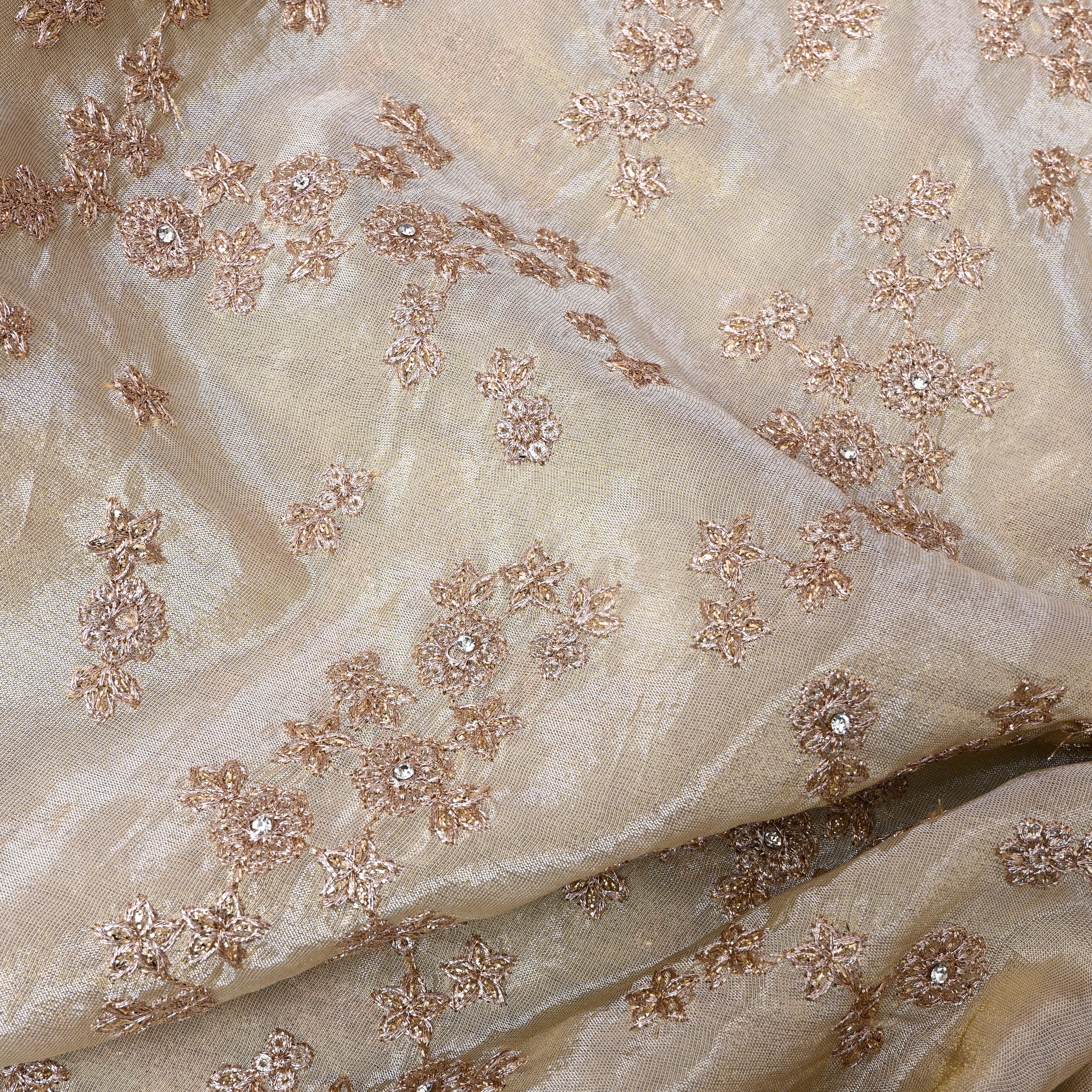 Champagne Beige Crystal Floral Embroidered Silk