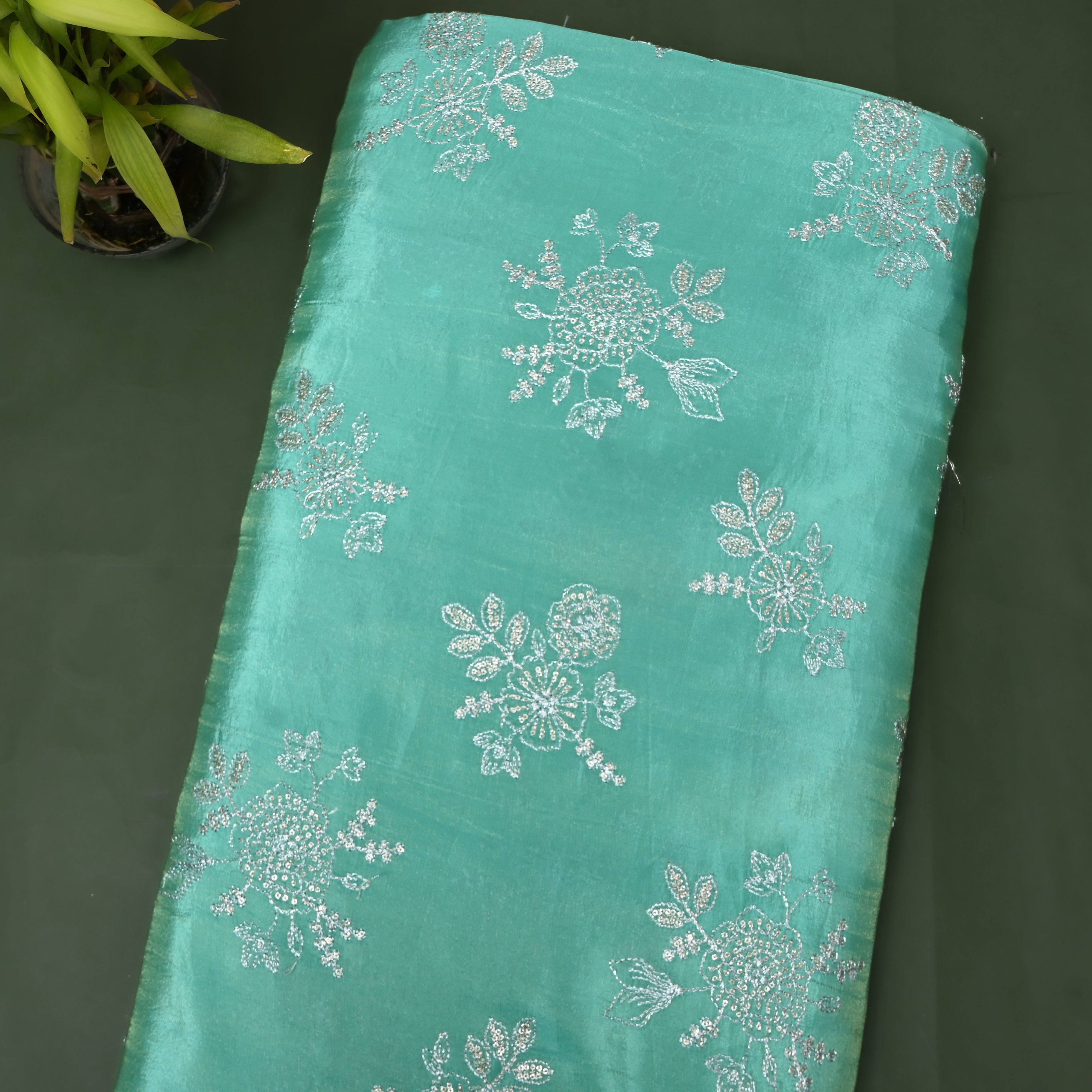 Sea Green Floral Spray Embroidery Tissue Fabric