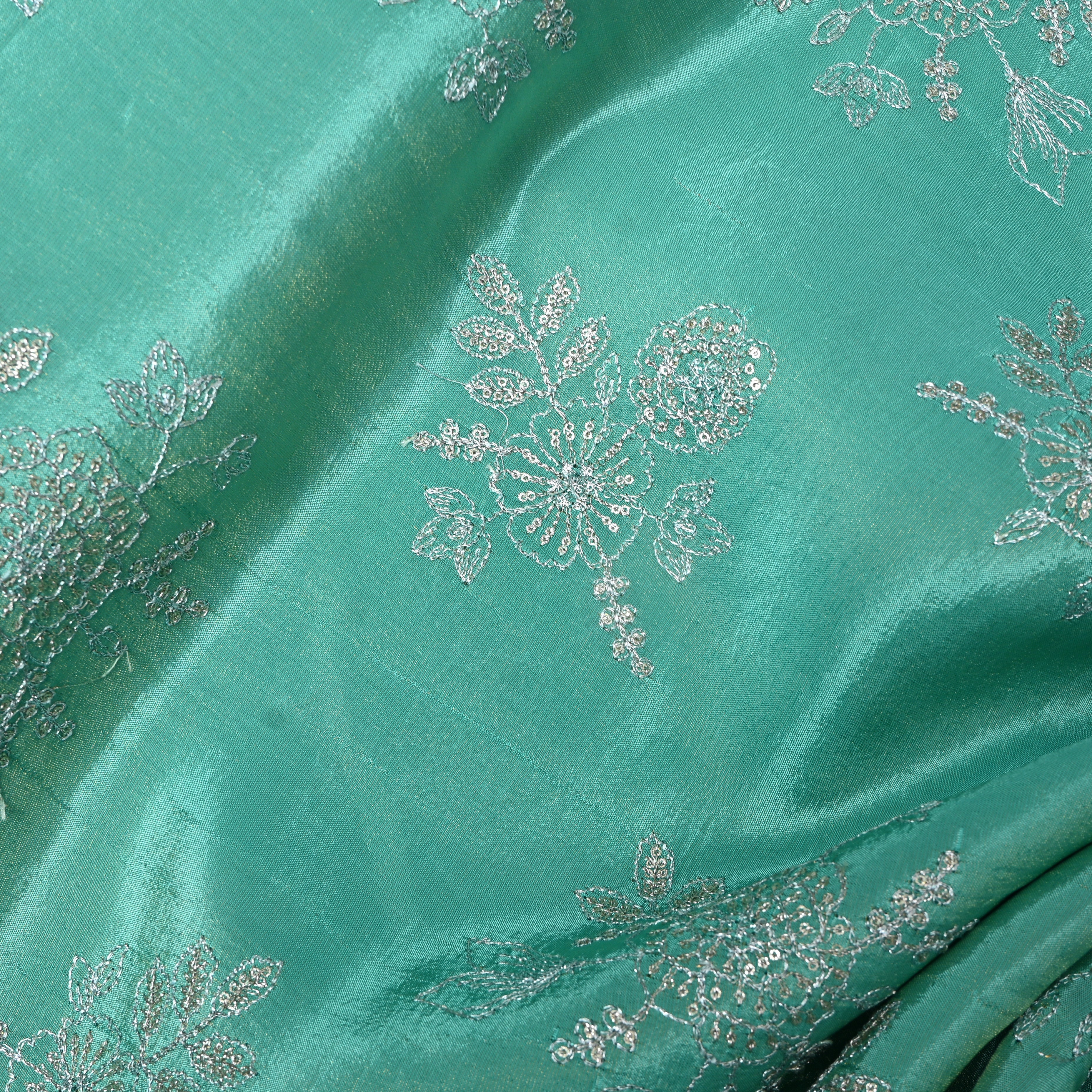 Sea Green Floral Spray Embroidery Tissue Fabric