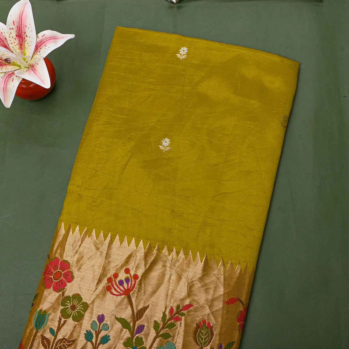 Green Paithani Butti Banarasi Silk Fabric