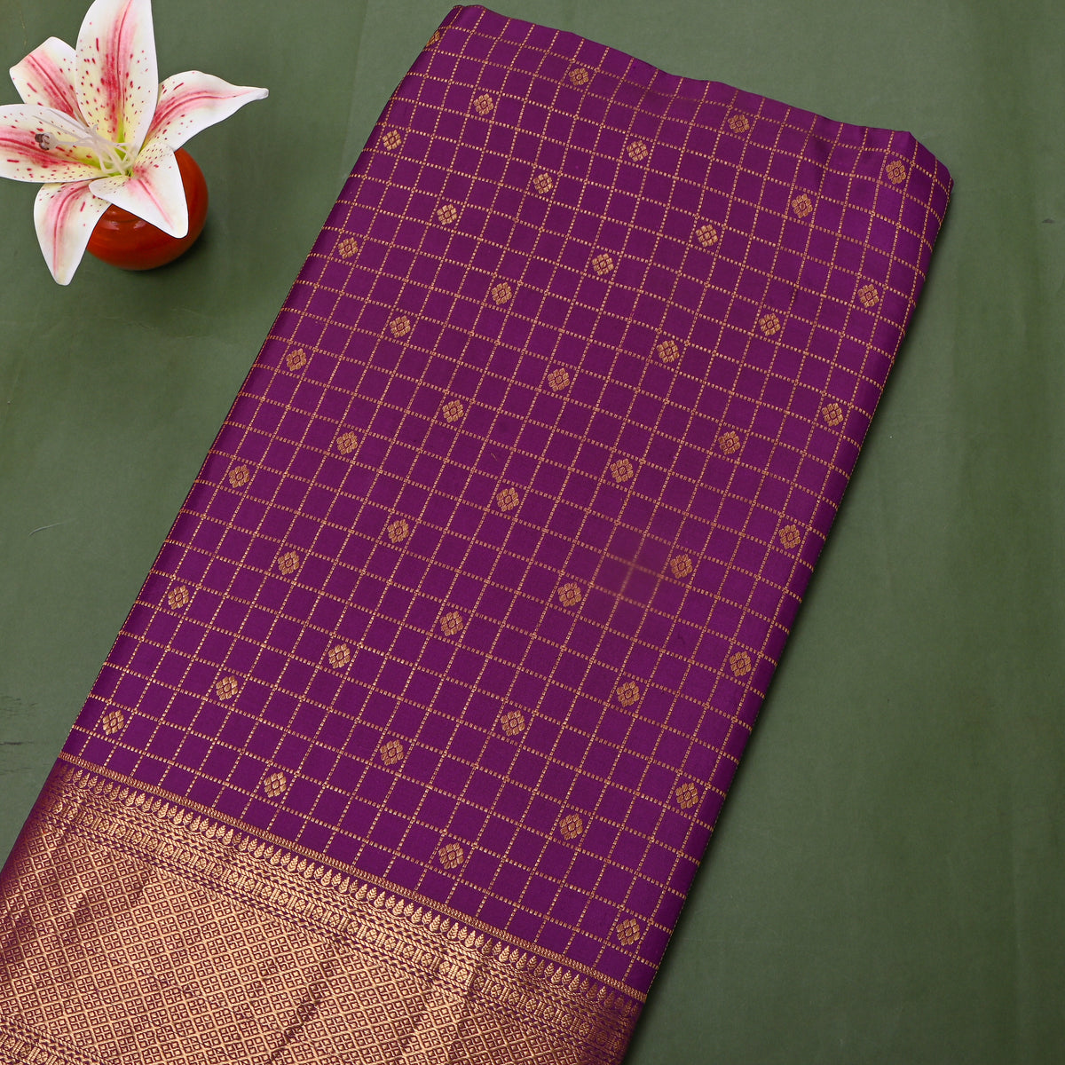 Violet Gold Zari Check Butti Kanjivaram Silk Fabric