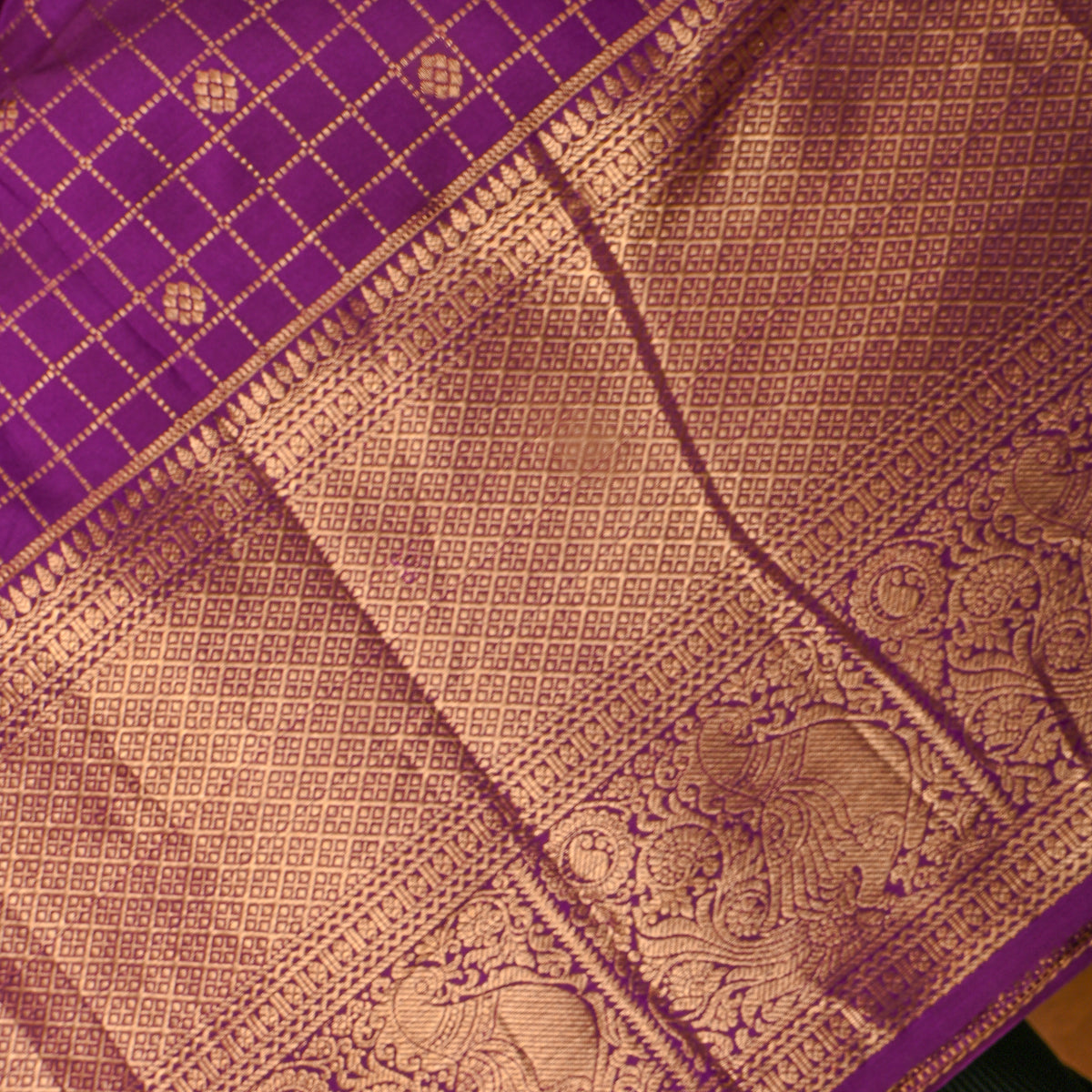 Violet Gold Zari Check Butti Kanjivaram Silk Fabric