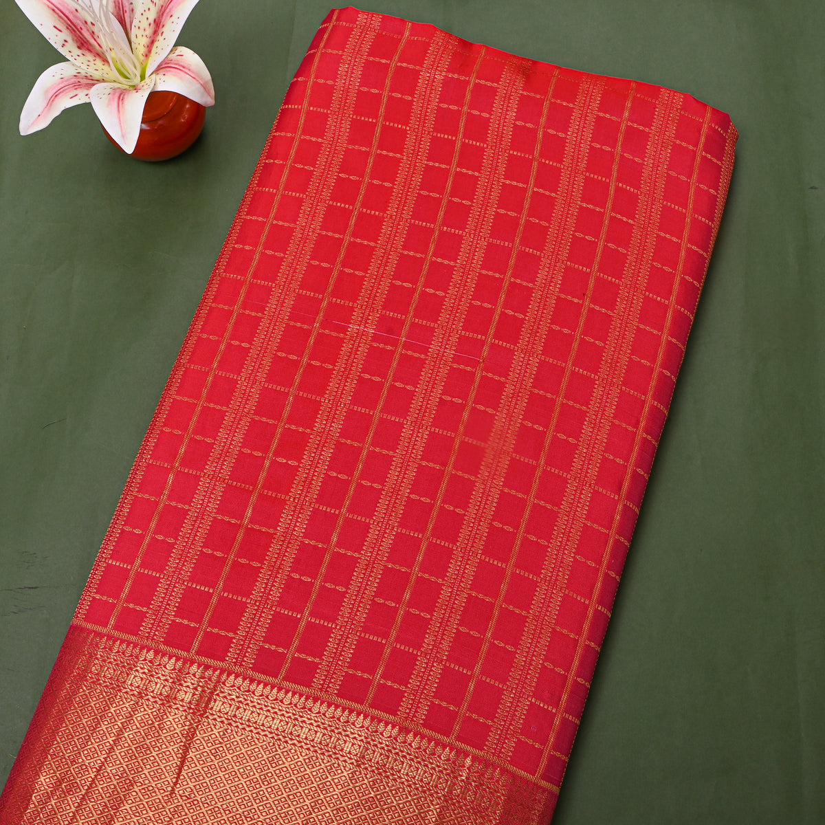Tomato Red Gold Zari Checks Broad Border Kanjivaram Silk Fabric
