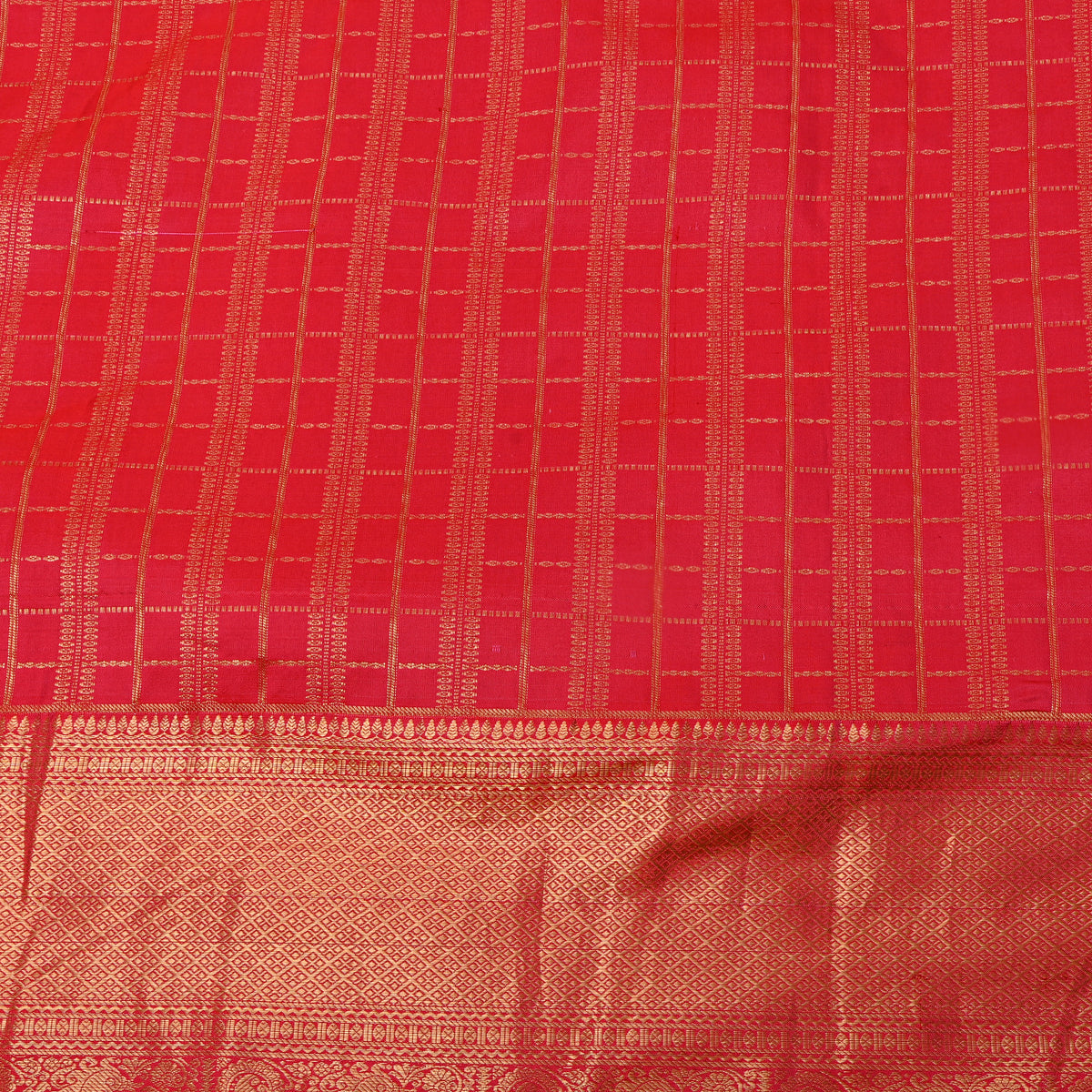 Tomato Red Gold Zari Checks Broad Border Kanjivaram Silk Fabric