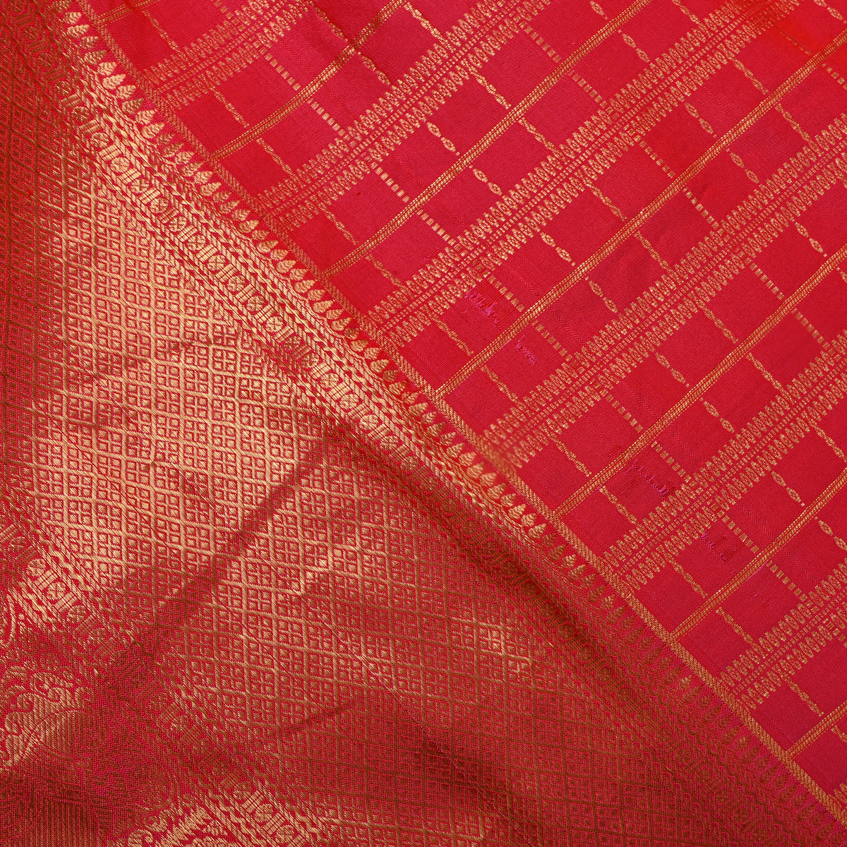 Tomato Red Gold Zari Checks Broad Border Kanjivaram Silk Fabric