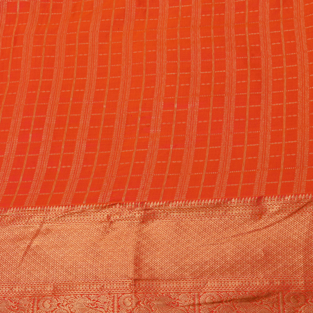 Tangerine Gold Zari Check Jamawar Silk Fabric