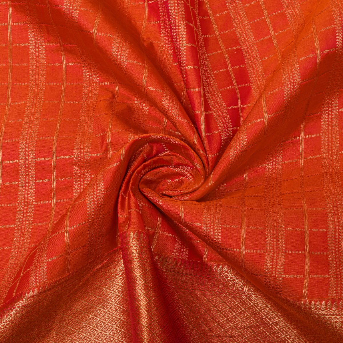 Tangerine Gold Zari Check Jamawar Silk Fabric