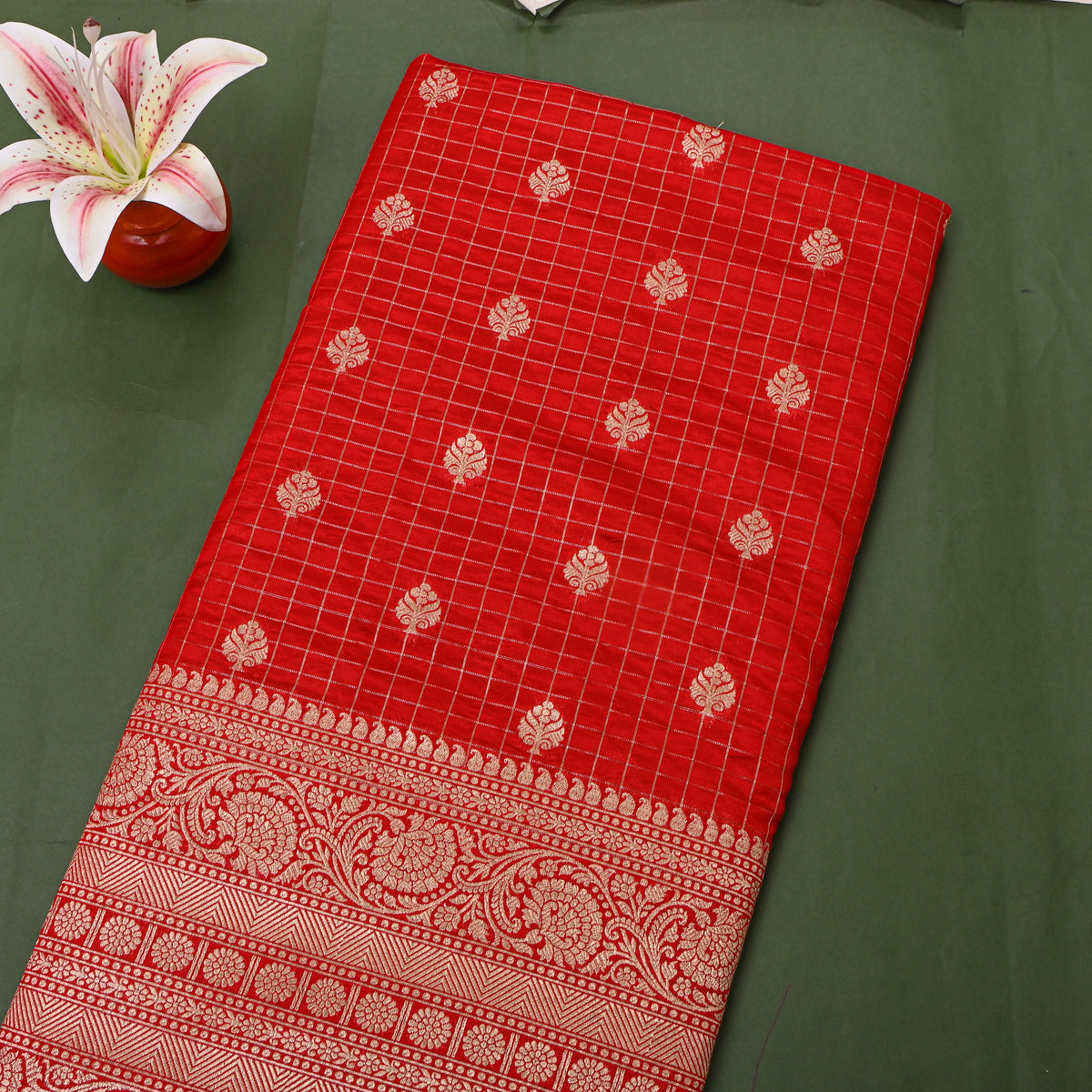 Red Paithani Check Butti Banarasi Silk Fabric