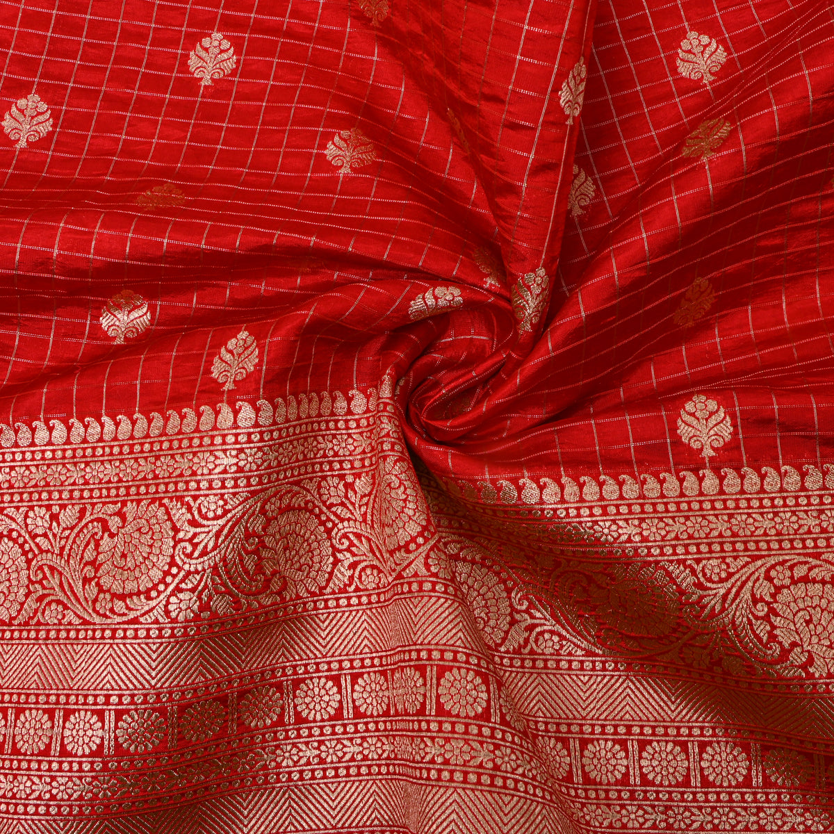 Red Paithani Check Butti Banarasi Silk Fabric