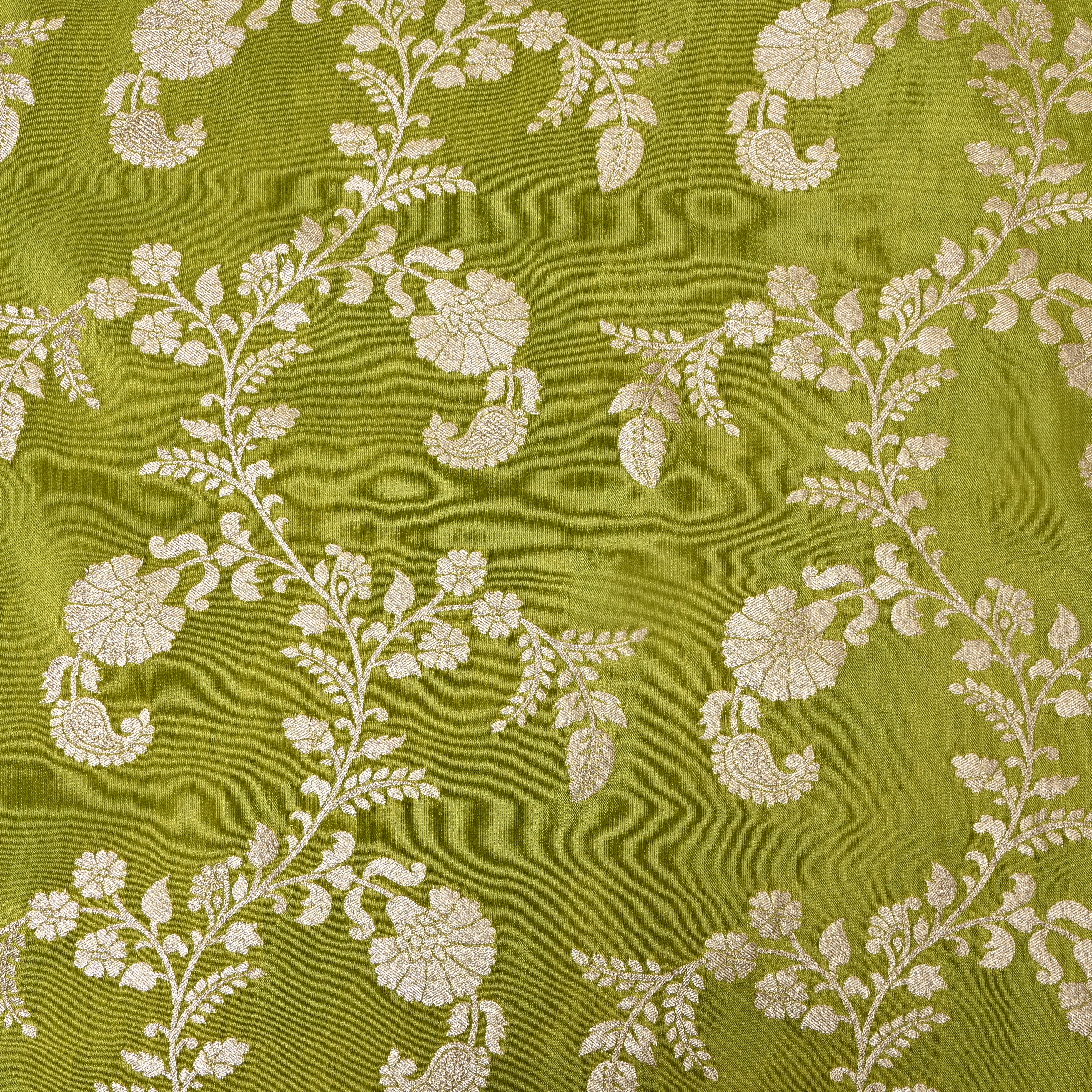 Leaf Green Paisley Jamawar Silk