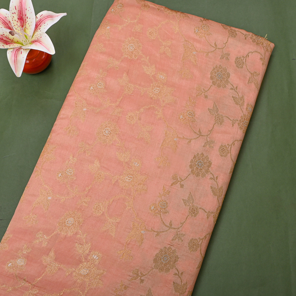 Apricot Dual Zari Floral Jaal Banarasi Silk Fabric