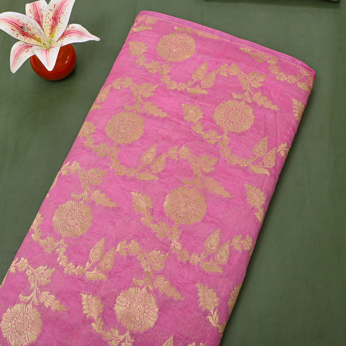 Lavender Gold Zari Floral Motif Banarasi Silk Fabric