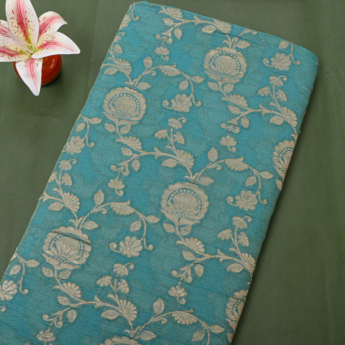 Teal Blue With Golden Zari Floral Jaal Banarasi Silk Fabric