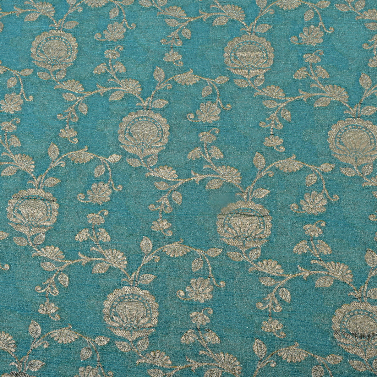 Teal Blue With Golden Zari Floral Jaal Banarasi Silk Fabric