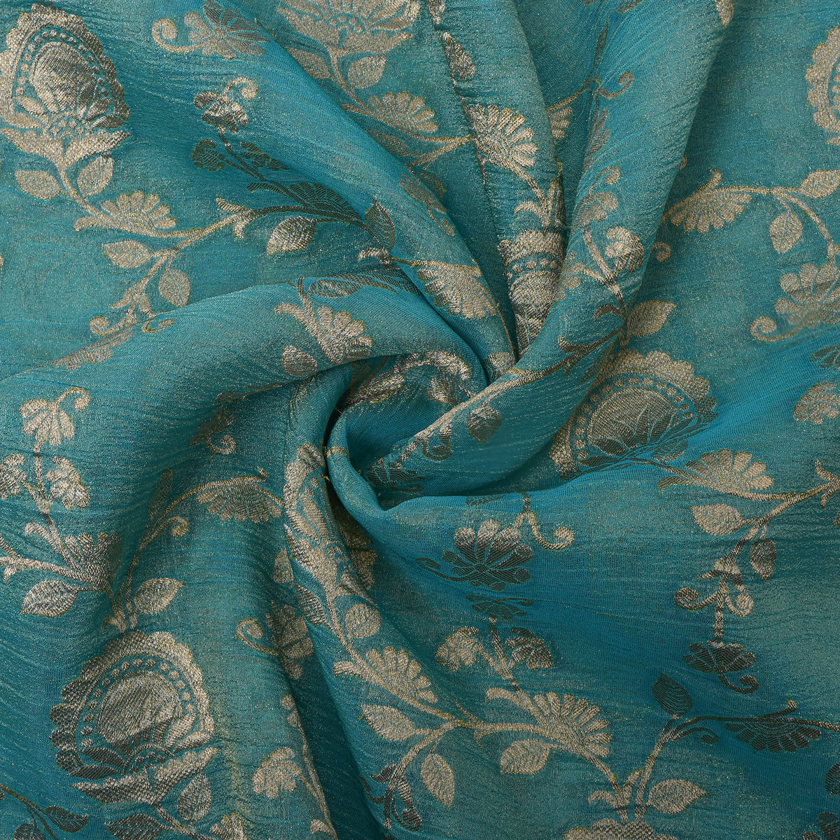 Teal Blue With Golden Zari Floral Jaal Banarasi Silk Fabric