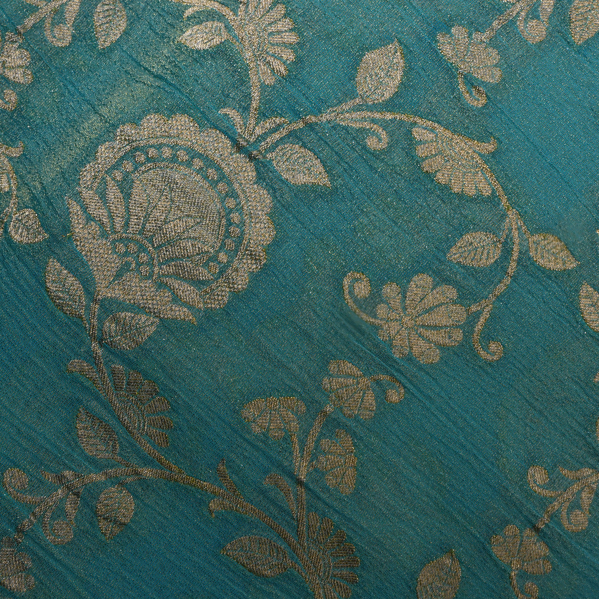 Teal Blue With Golden Zari Floral Jaal Banarasi Silk Fabric