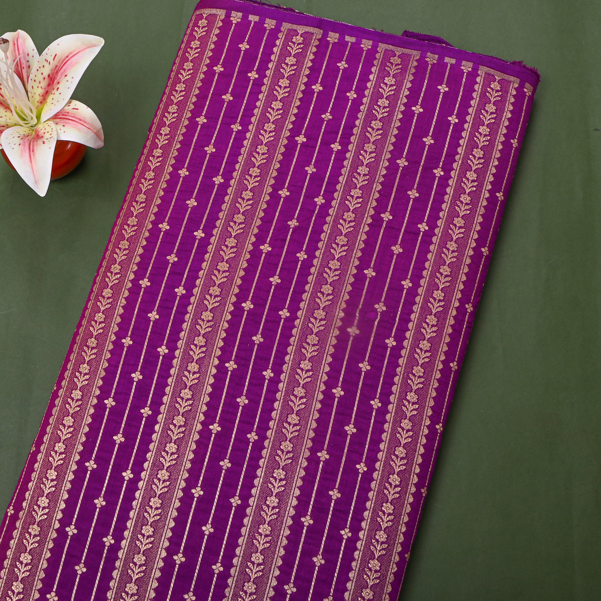 Purple Gold Striped Floral Banarasi Silk Fabric