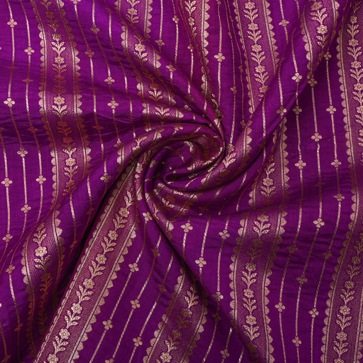 Purple Gold Striped Floral Banarasi Silk Fabric