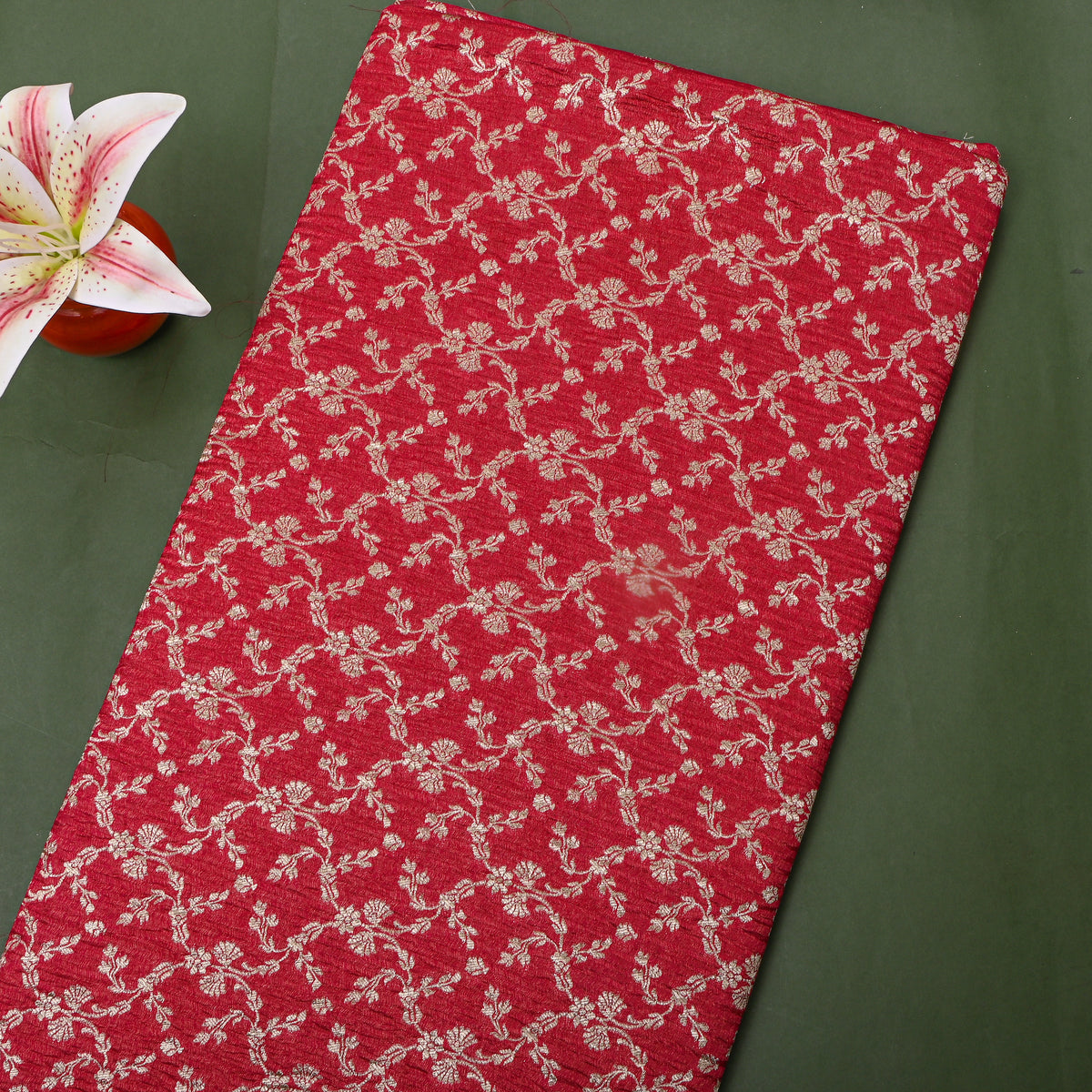 Cherry Red Zari Weave Floral Trellis Jamawar Tissue Fabric