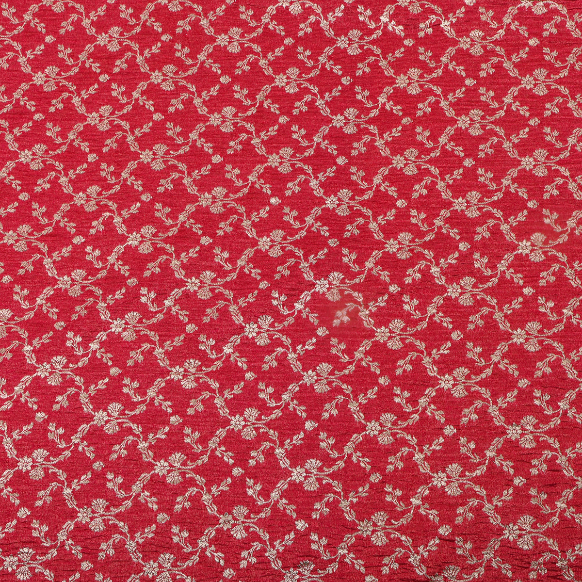 Cherry Red Zari Weave Floral Trellis Jamawar Tissue Fabric