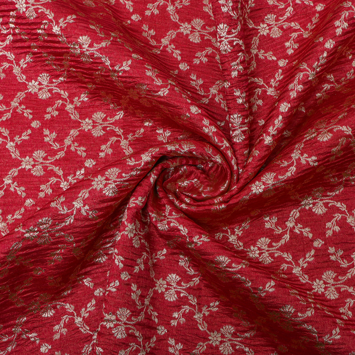 Cherry Red Zari Weave Floral Trellis Jamawar Tissue Fabric