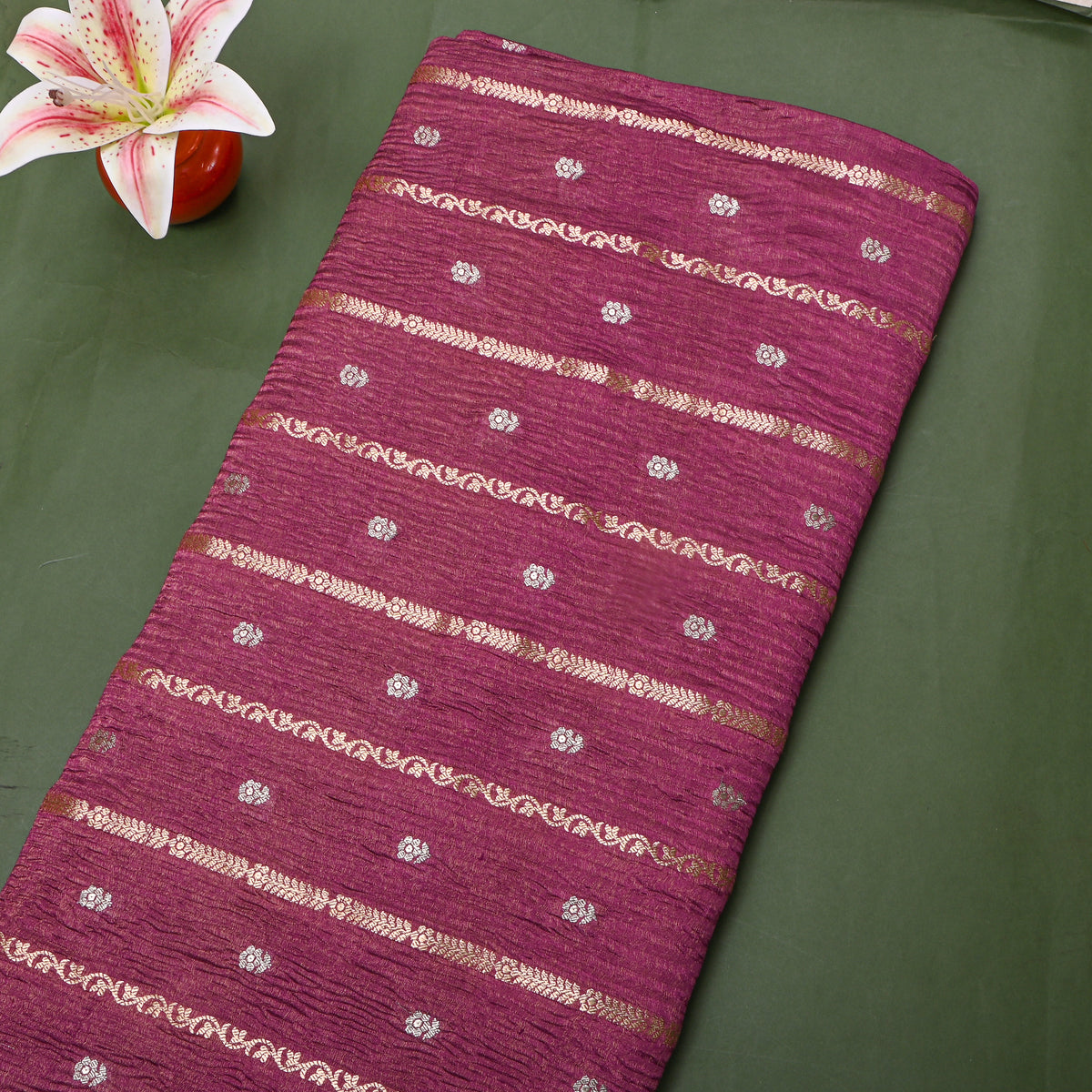 Magenta Dual Tone Stripe Butti Jamawar Tissue Fabric