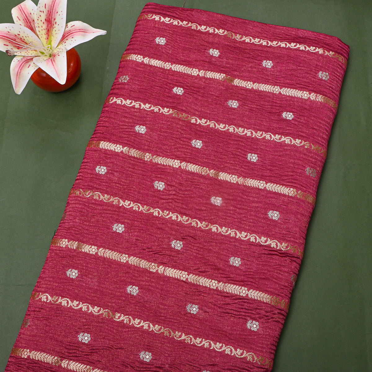 Maroon Dual Tone Stripe Butti Jamawar Tissue Fabric